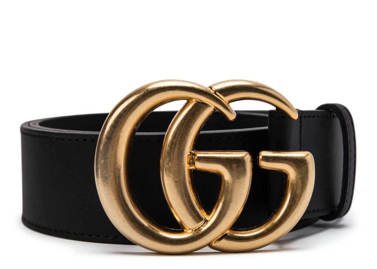 image of Gucci Double G Wide Leather Belt Antique Brass 1.5 Buckle in Black, Women's