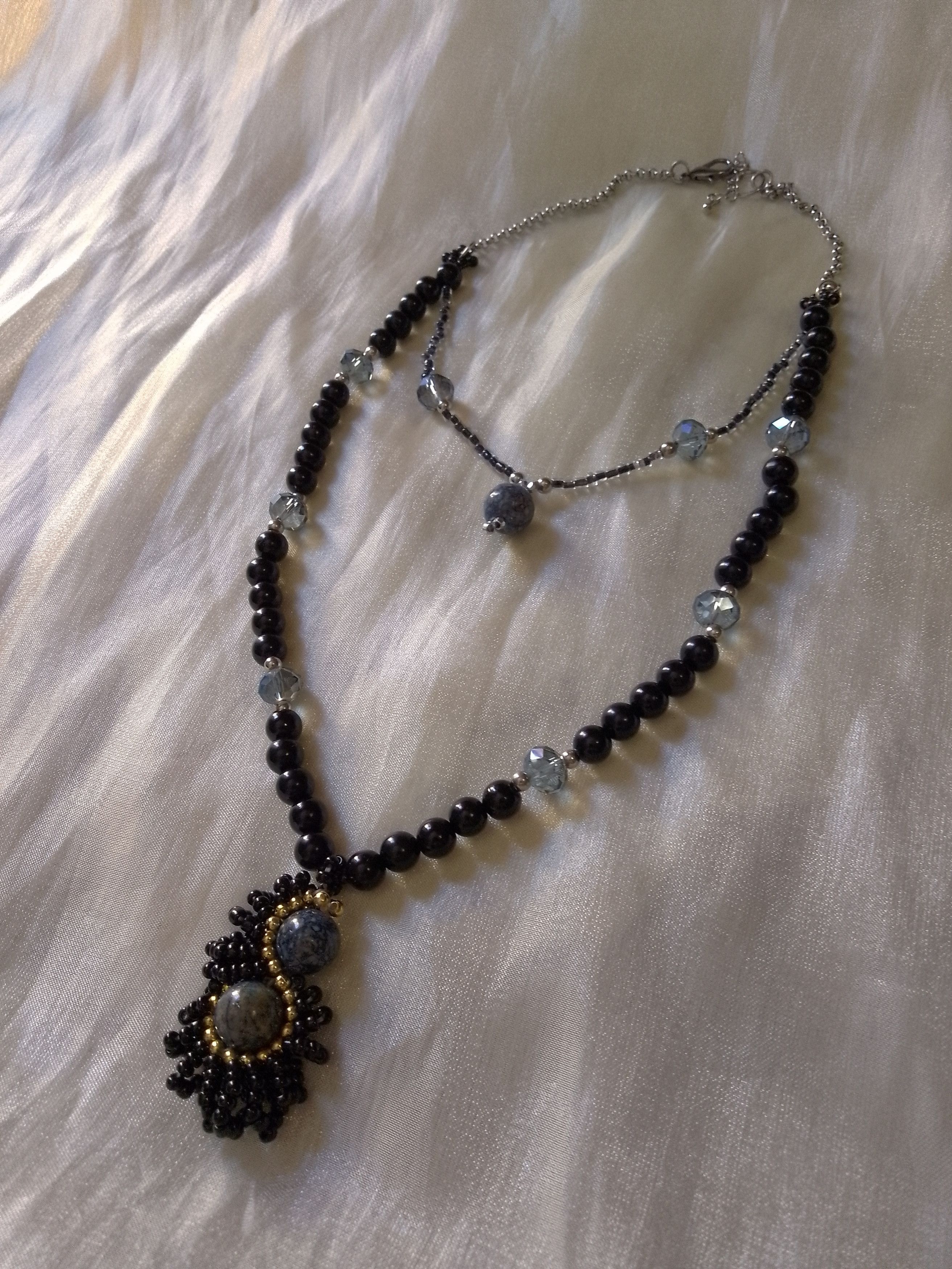 Handmade Long Black Necklace Lapis lazuli gemstone Double Thread Size ONE SIZE - 6 Thumbnail