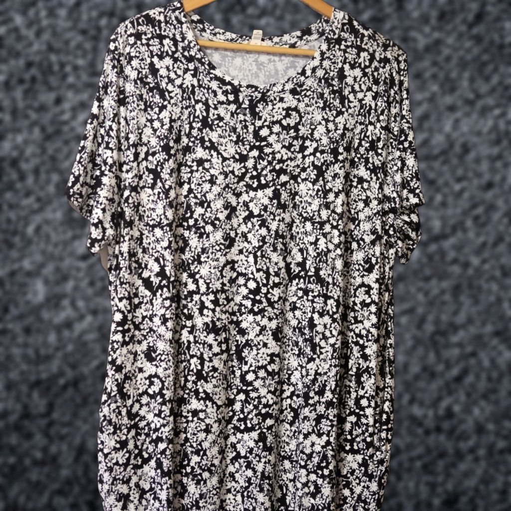 Vintage Terra & Sky Floral Dress Pockets Women's 1X Midi Short Sleeve Round Neck Black/White Stretch Super Soft Nwot! Size XL / US 12-14 / IT 48-50 - 1 Thumbnail
