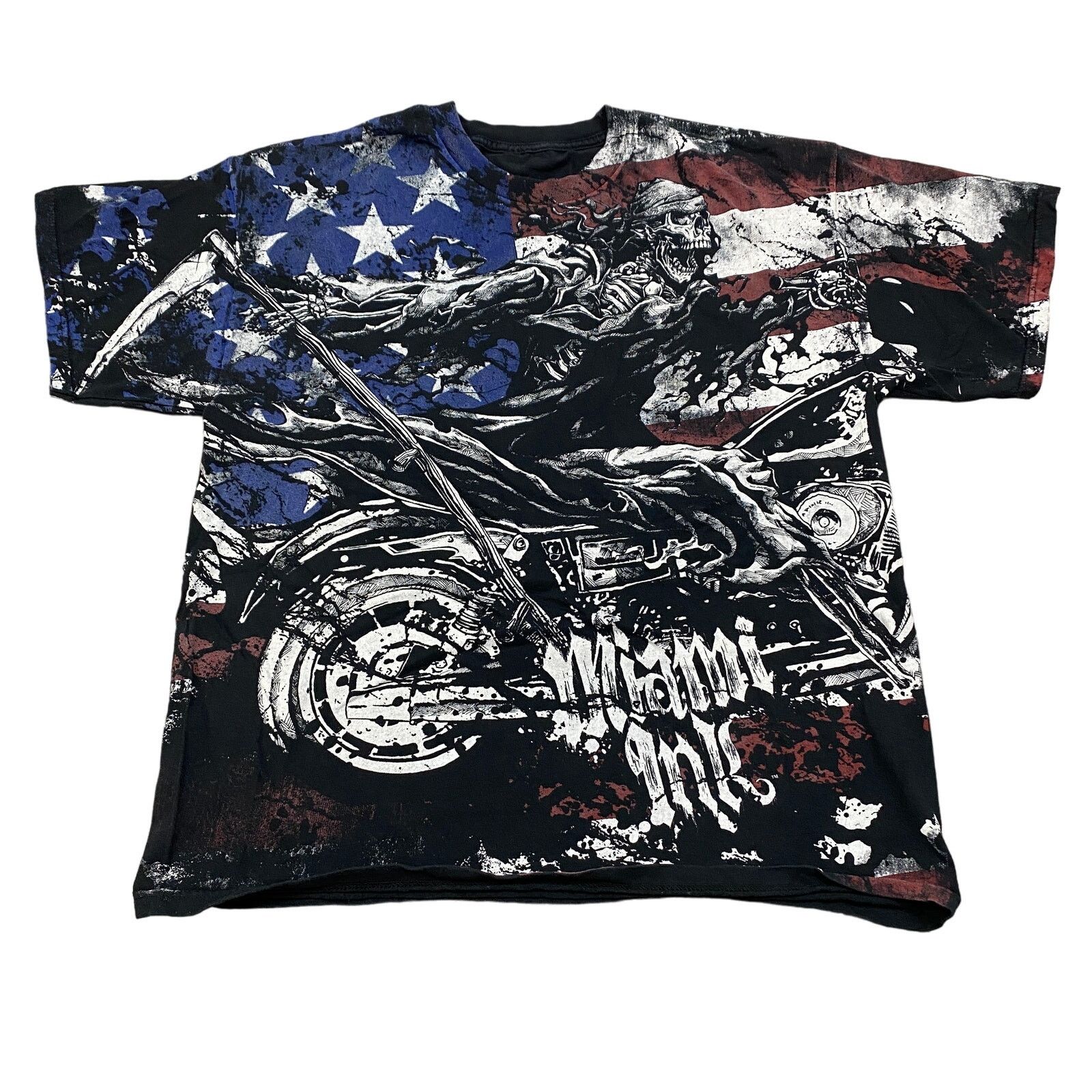 Vintage VTG Y2K Miami Ink Skeleton Biker American Flag AOP Shirt XL Size US XL / EU 56 / 4 - 1 Thumbnail