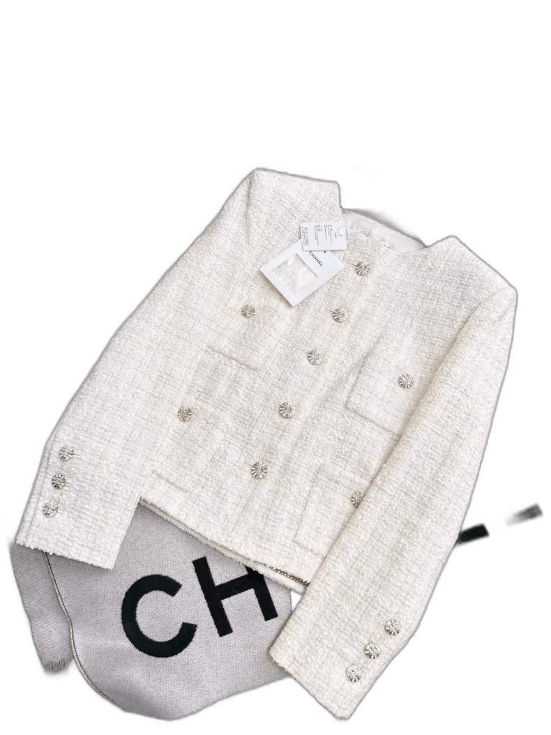 Chanel Chanel White Diamond Button Woven Jacket Size L / US 10 / IT 46 - 1 Thumbnail