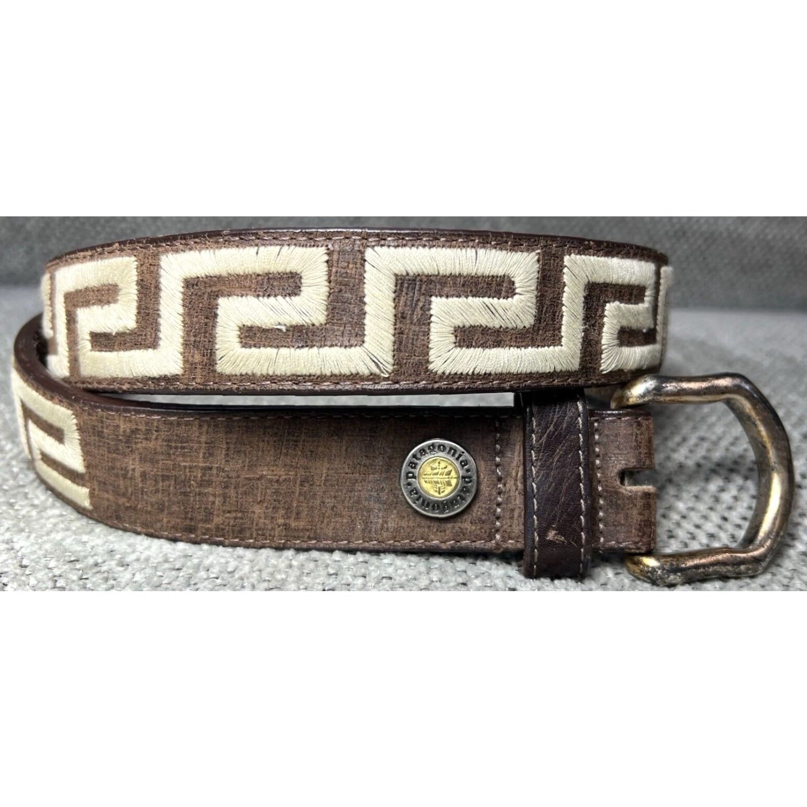 Patagonia VINTAGE Patagonia Belt Leather Brown 32 Men Mens 1.25” Wide Brass Hardware Greek Sand Pattern READ* Size 32 - 2 Thumbnail