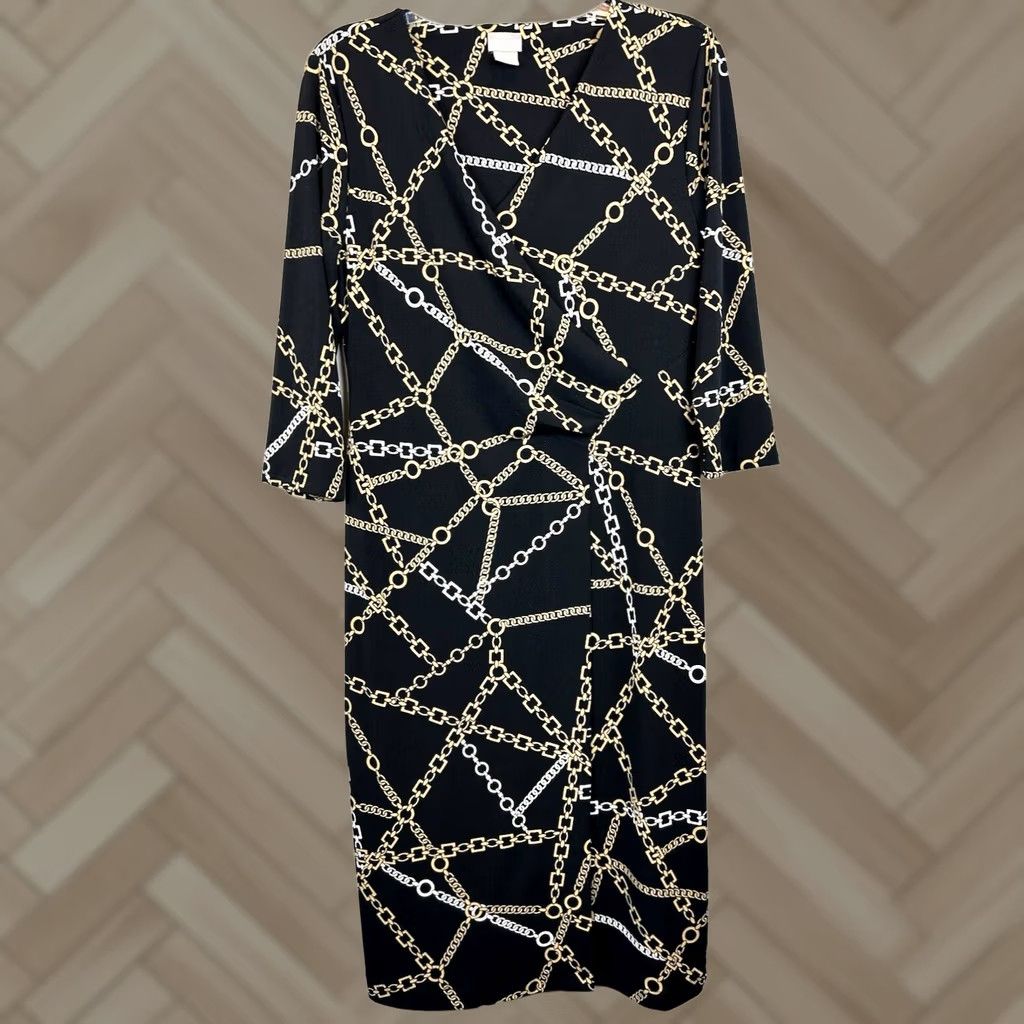 Vintage Chico's Chain Print Midi Dress Womans Small Black Faux Wrap Stretch Equestrian Old Money Dress Size S / US 4 / IT 40 - 1 Thumbnail