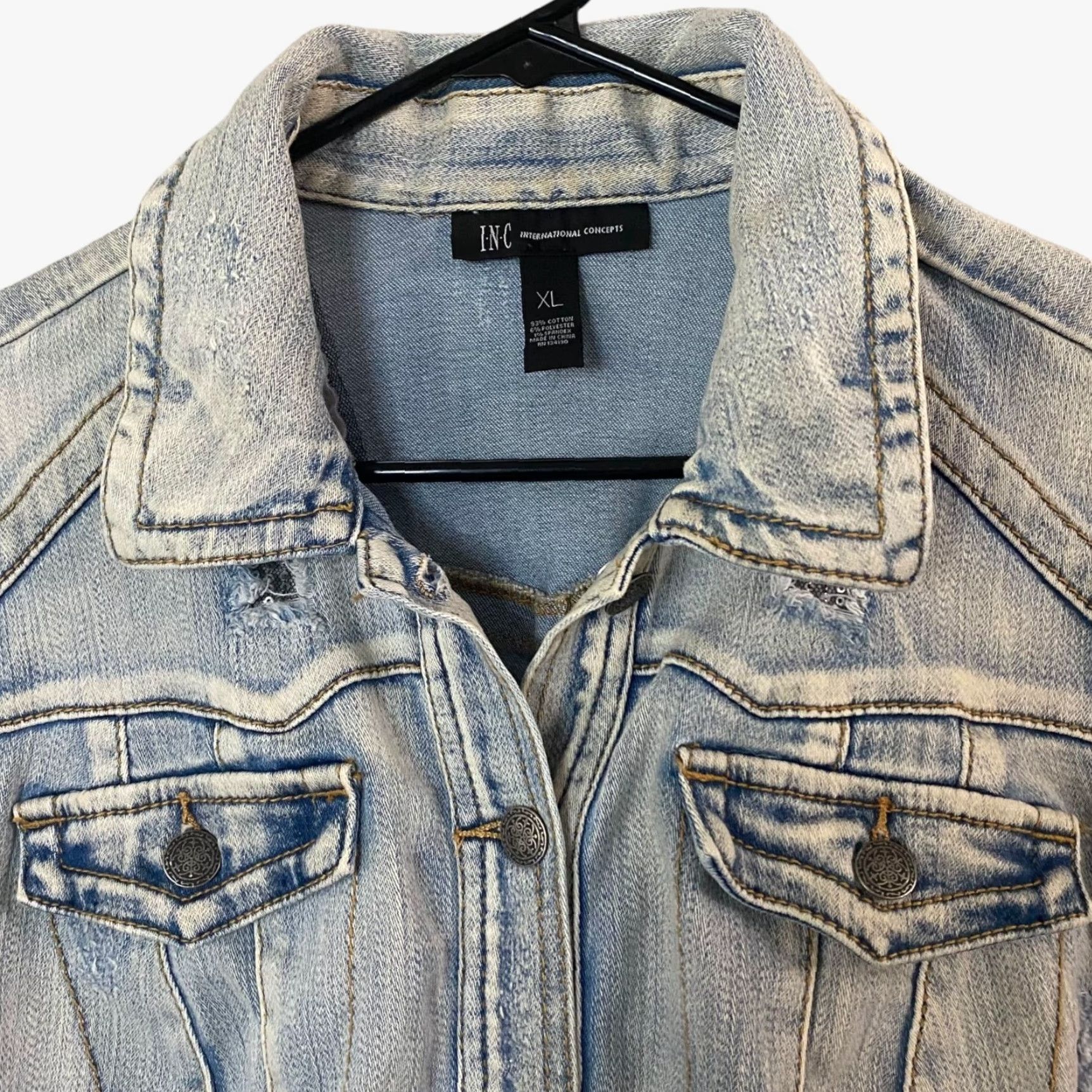 Vintage I.N.C. International Concepts Denim Jacket Sequin Distressed Button-Up Light Wash Women XL Blue City College Women Size XL / US 12-14 / IT 48-50 - 5 Thumbnail
