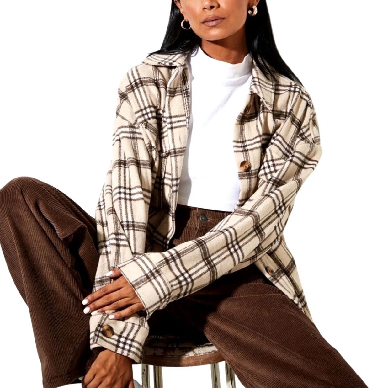Vintage Motel Marcella Shirt Jacket Shacket Light Tan Plaid Flannel Womens S Size S / US 4 / IT 40 - 7 Thumbnail