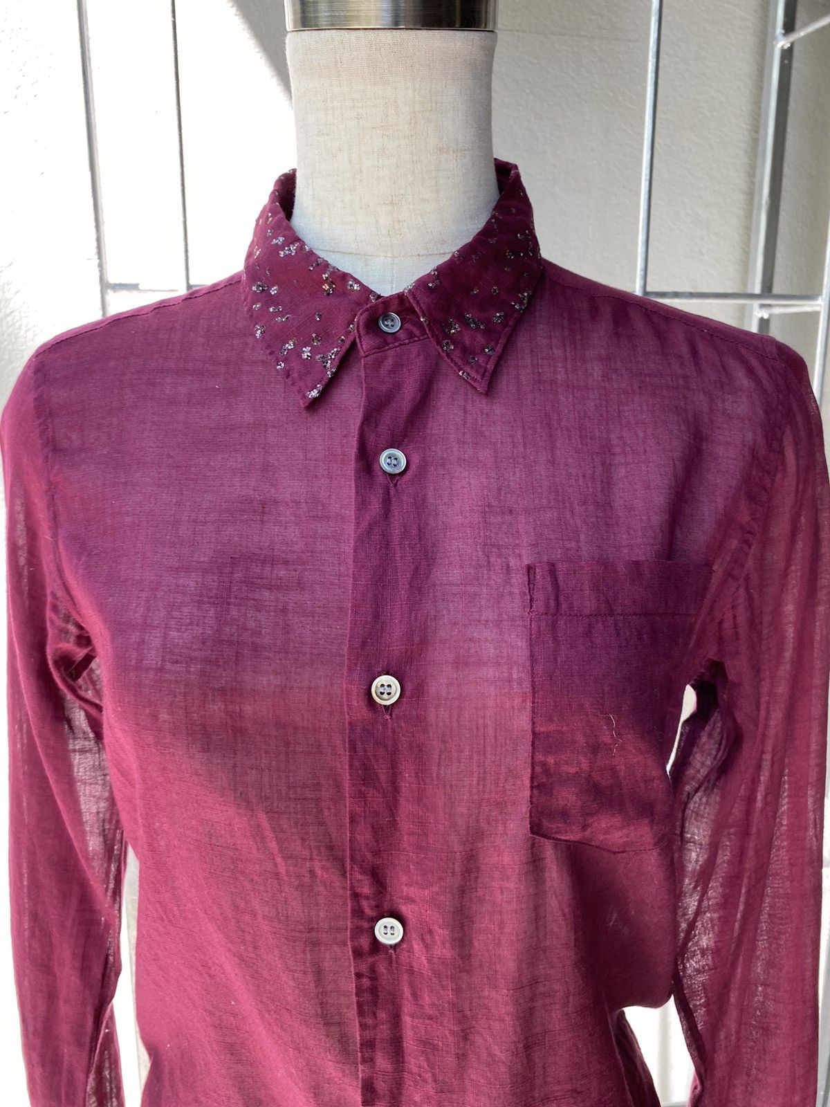 Zucca ZUCCA Deep Red Sheer Shirt with Sparkling Collar Size S / US 4 / IT 40 - 3 Thumbnail