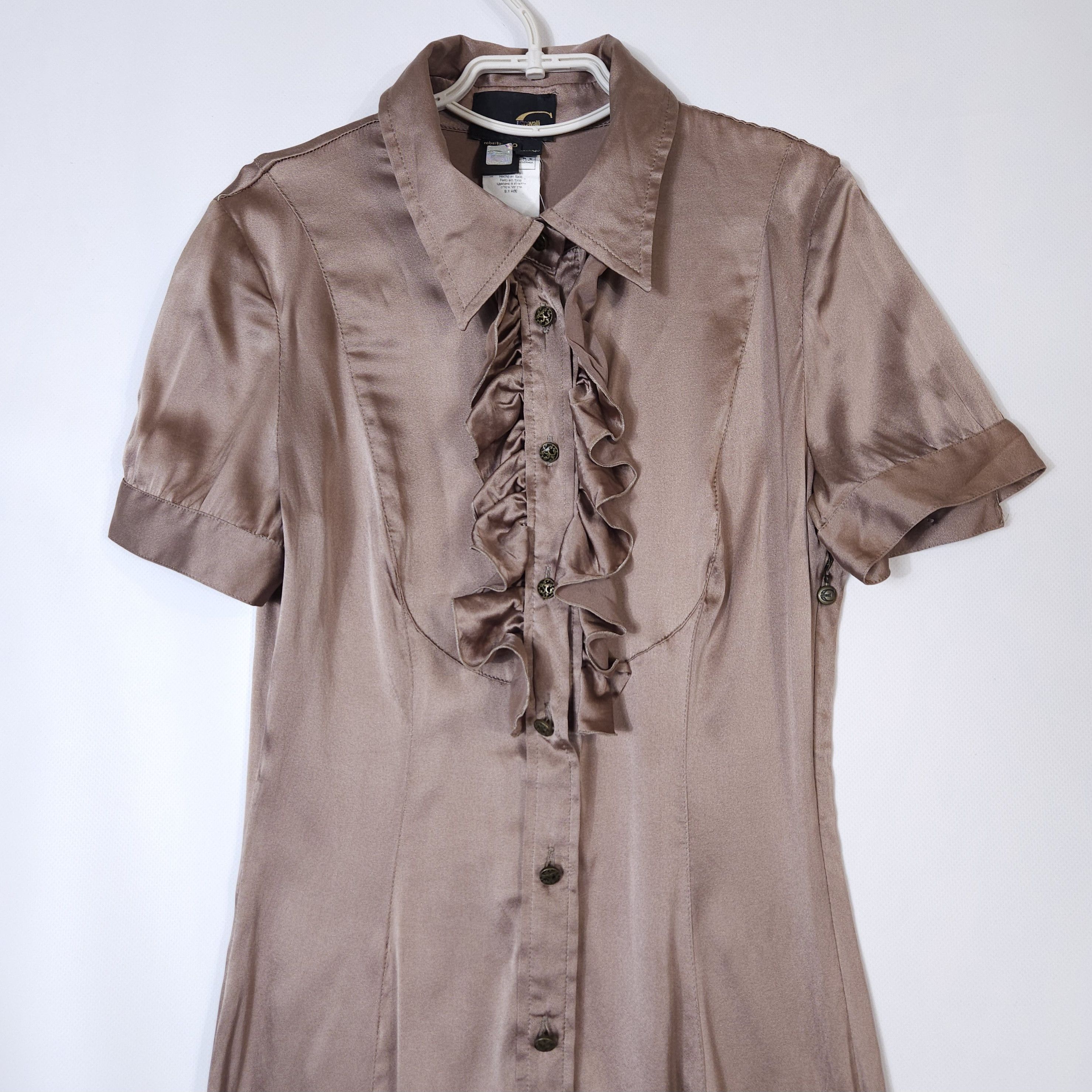 Just Cavalli Just Cavalli Silk Shirt Dress Satin Ruffle Stretch Midi 40/S Size S / US 4 / IT 40 - 6 Thumbnail