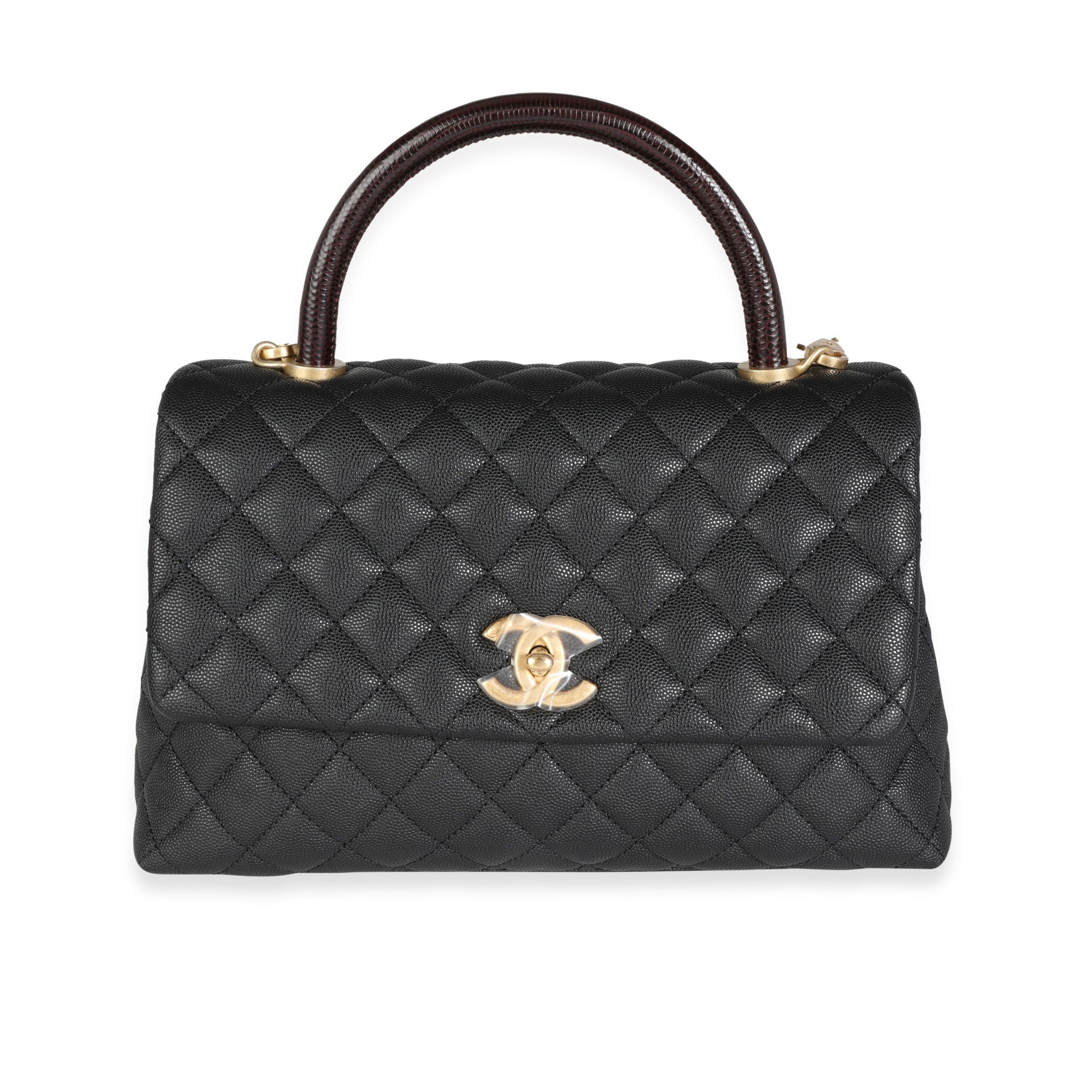 image of Chanel Black Quilted Caviar & Brown Lizard Embossed Medium Coco Handle Flap Bag, Women's