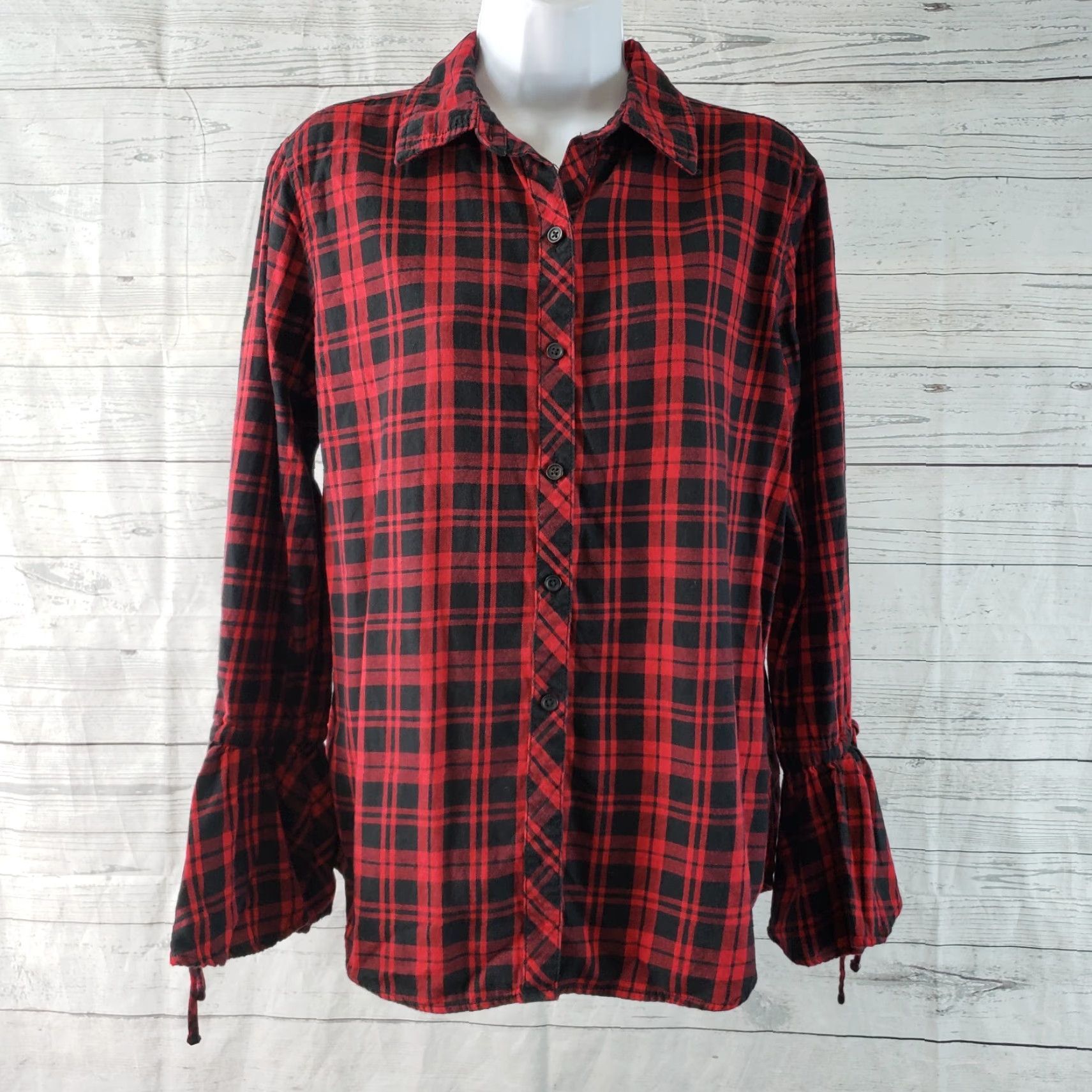 Bell VINTAGE Beach Lunch Lounge Womens Button Front Shirt Sz Small Red Plaid Bell Sleeve Size S / US 4 / IT 40 - 2 Thumbnail