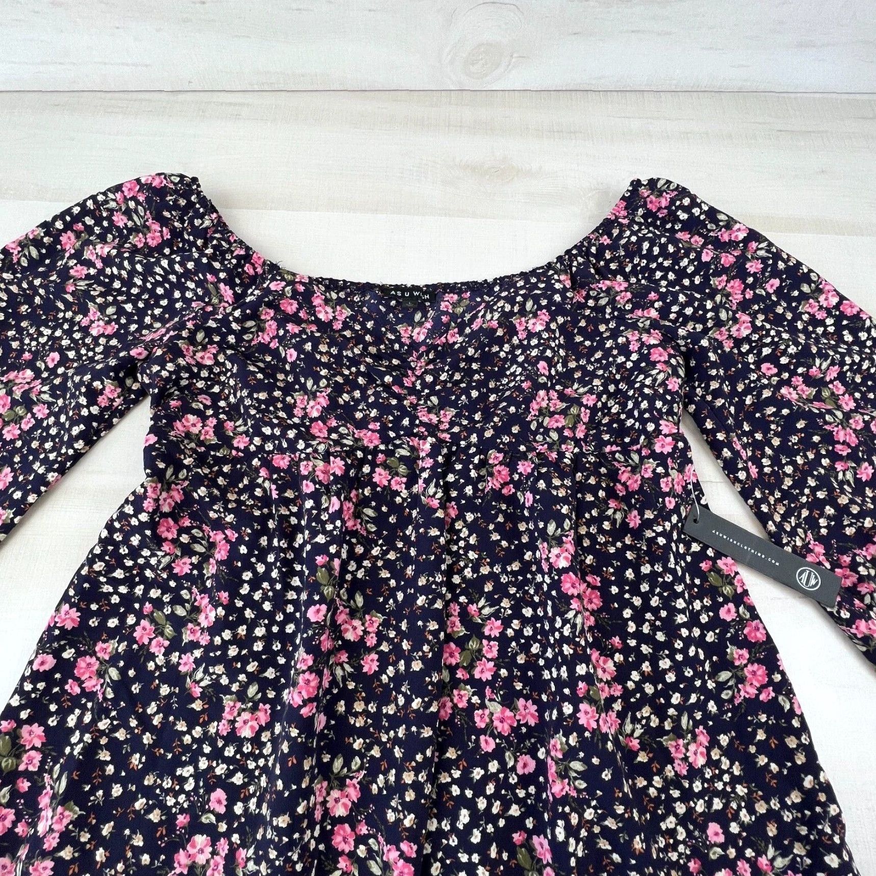 Vintage As U Wish Womens Tunic Top Navy Blue Floral Off Shoulder Flowy Blouse Large Size L / US 10 / IT 46 - 2 Thumbnail