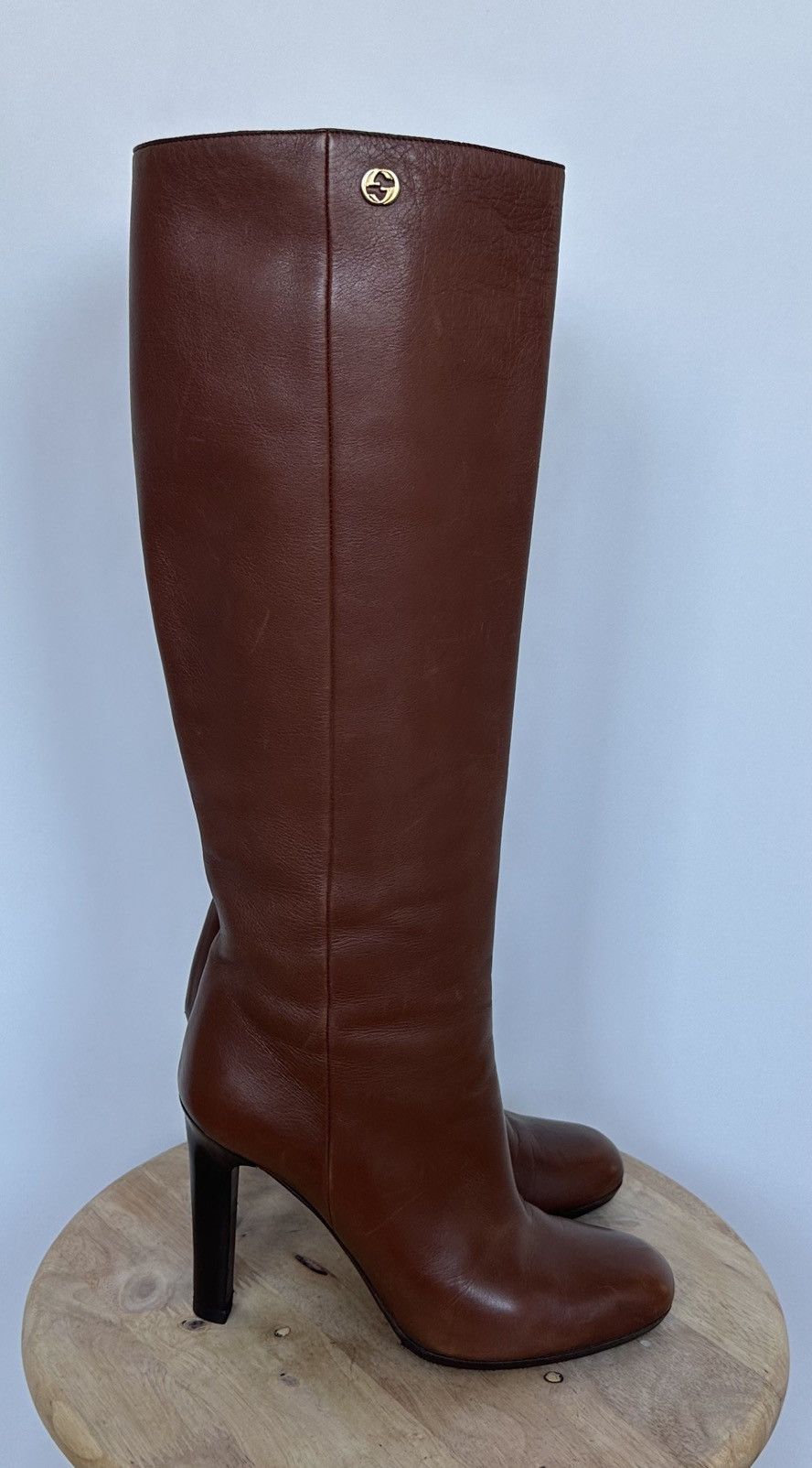 Gucci Gucci Brown Leather Knee High Heeled Boots Metal Logo GG Size US 7 / IT 37 - 4 Thumbnail