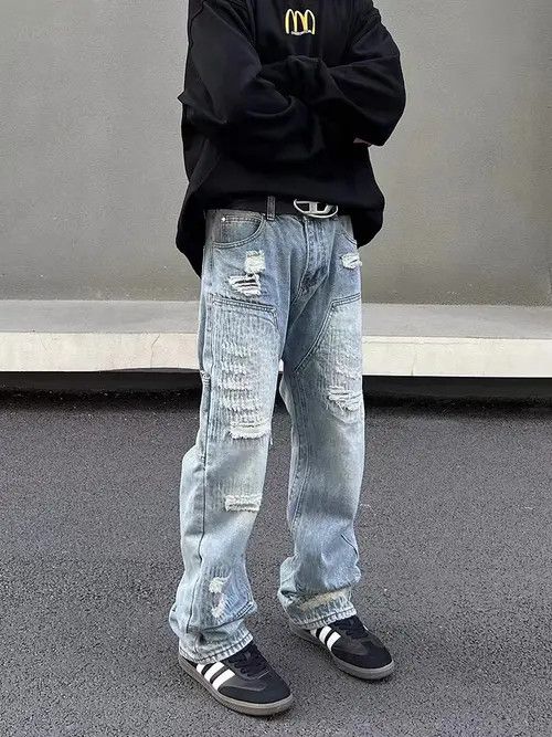 Japanese Brand Street Hip Hop Washed Ripped Wide Leg Jeans Size US 32 / EU 48 - 1 Thumbnail