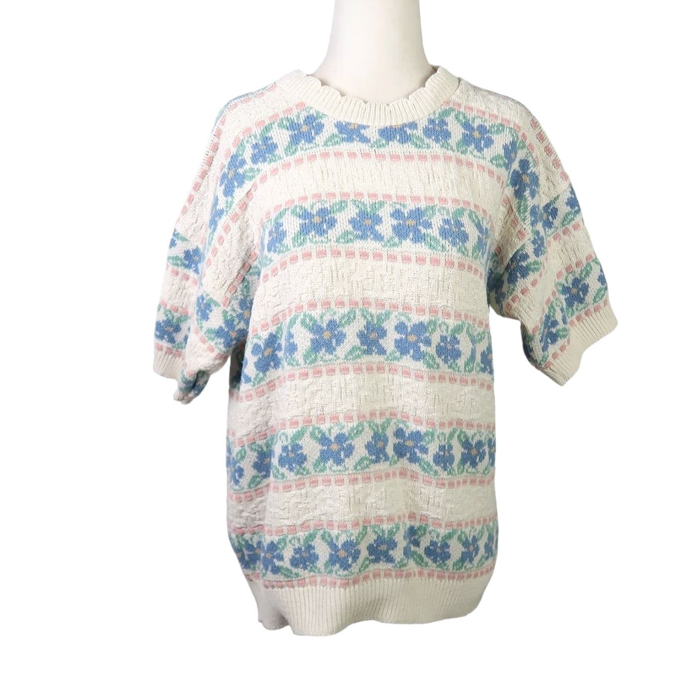 Vintage VINTAGE 80s Cape Cod Cream Blue Floral Stripe Short Sleeve Knit Sweater M Womens Size M / US 6-8 / IT 42-44 - 2 Thumbnail