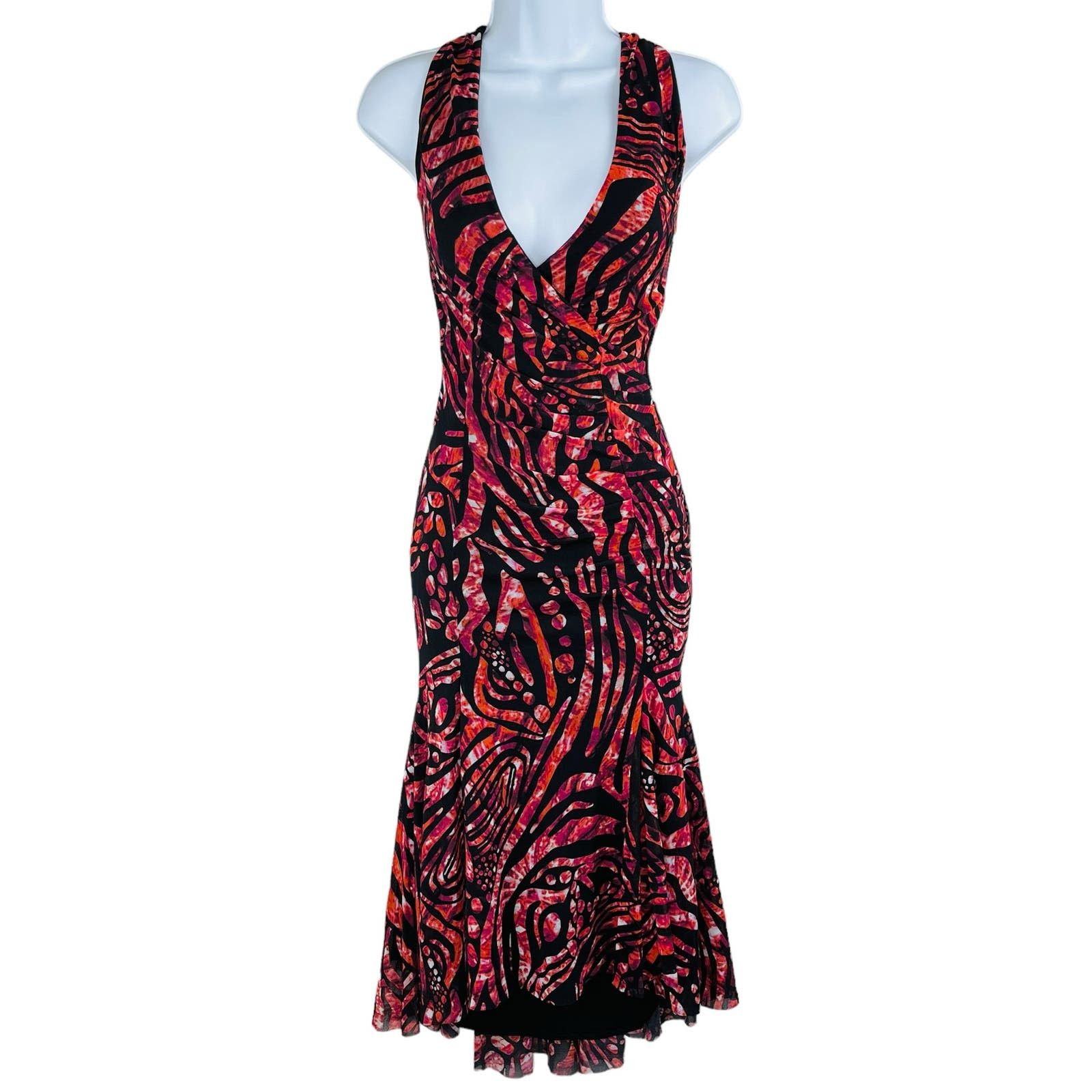 image of Fuzzi Mesh Faux Wrap Mermaid Midi Animal Print Dress Medium in Red, Women's