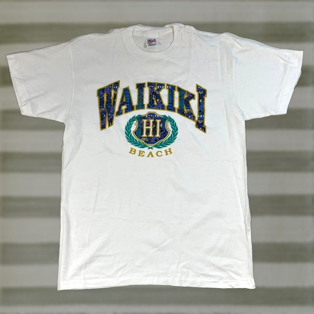 Anvil NOS Vintage 90s Waikiki Beach Hawaii T-Shirt Anvil Sz L White Cotton Short Sleeve Crew Neck Unisex Adults 90s Beach Hawaiian Graphic Print Size US L / EU 52-54 / 3 - 1 Thumbnail