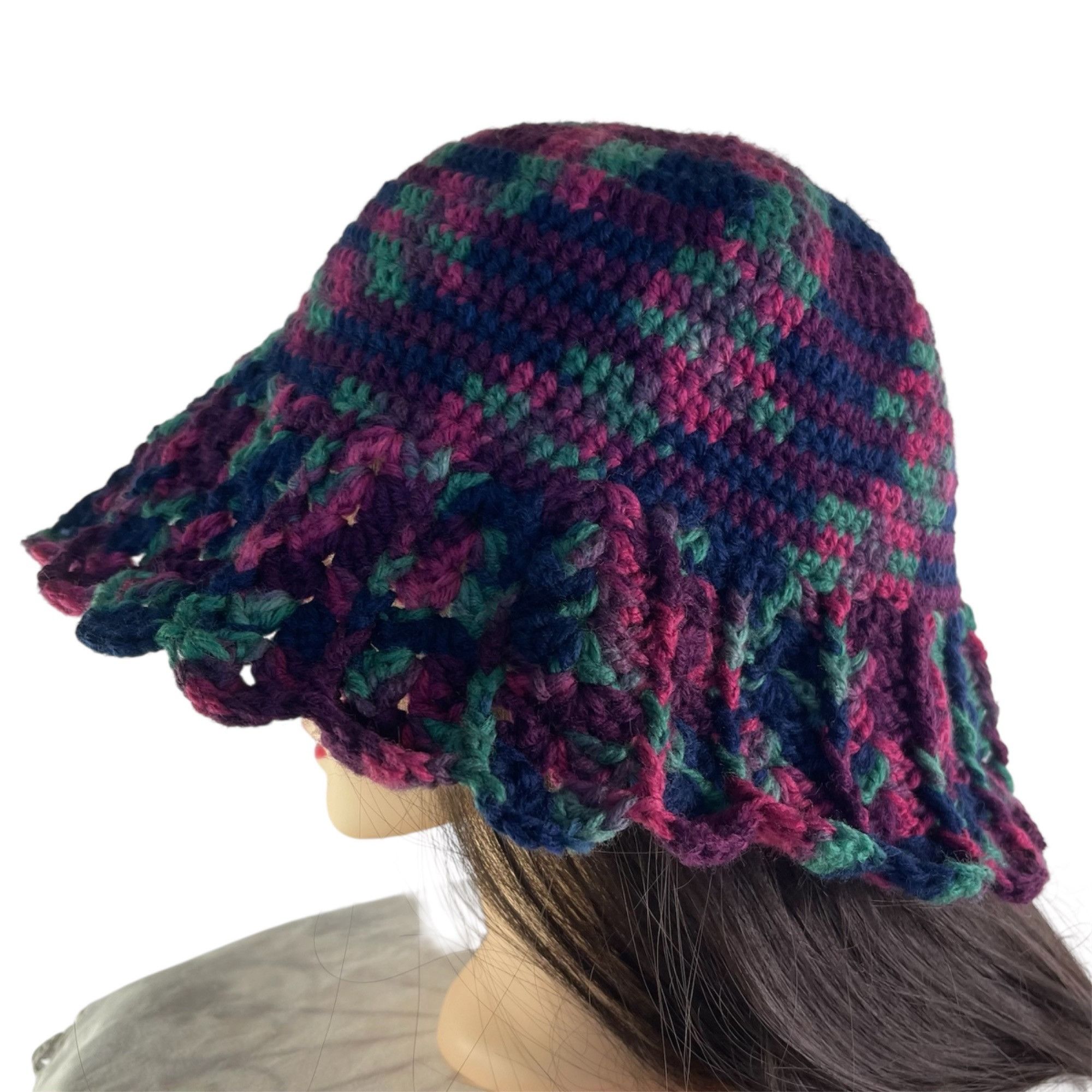 Handmade Crochet Cloche Bucket Hat Purple Pink Green Wine Retro Style Size ONE SIZE - 3 Thumbnail