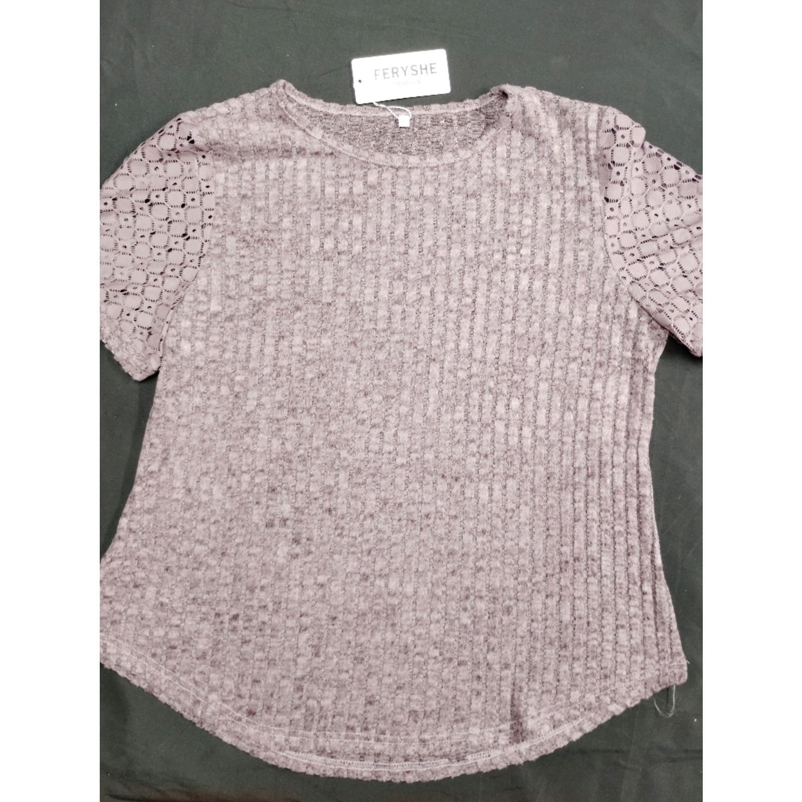Ferre Mauve Textured Feryshe Short Sleeve Top With Lace Sleeves Size L / US 10 / IT 46 - 1 Thumbnail