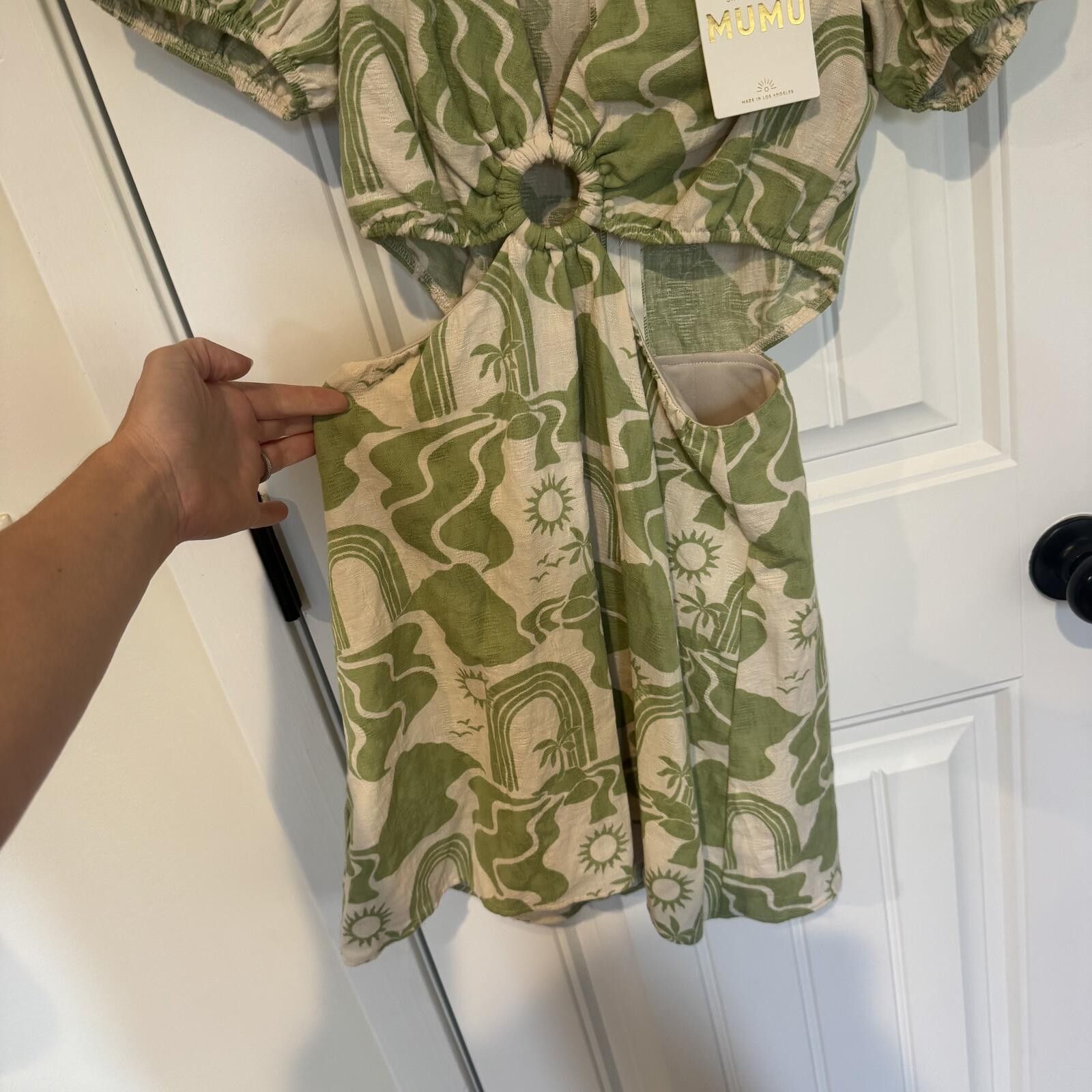 Muubaa Mumu Green and Cream Patterned Cut-Out Dress with Puff Sleev Size XS / US 0-2 / IT 36-38 - 2 Thumbnail