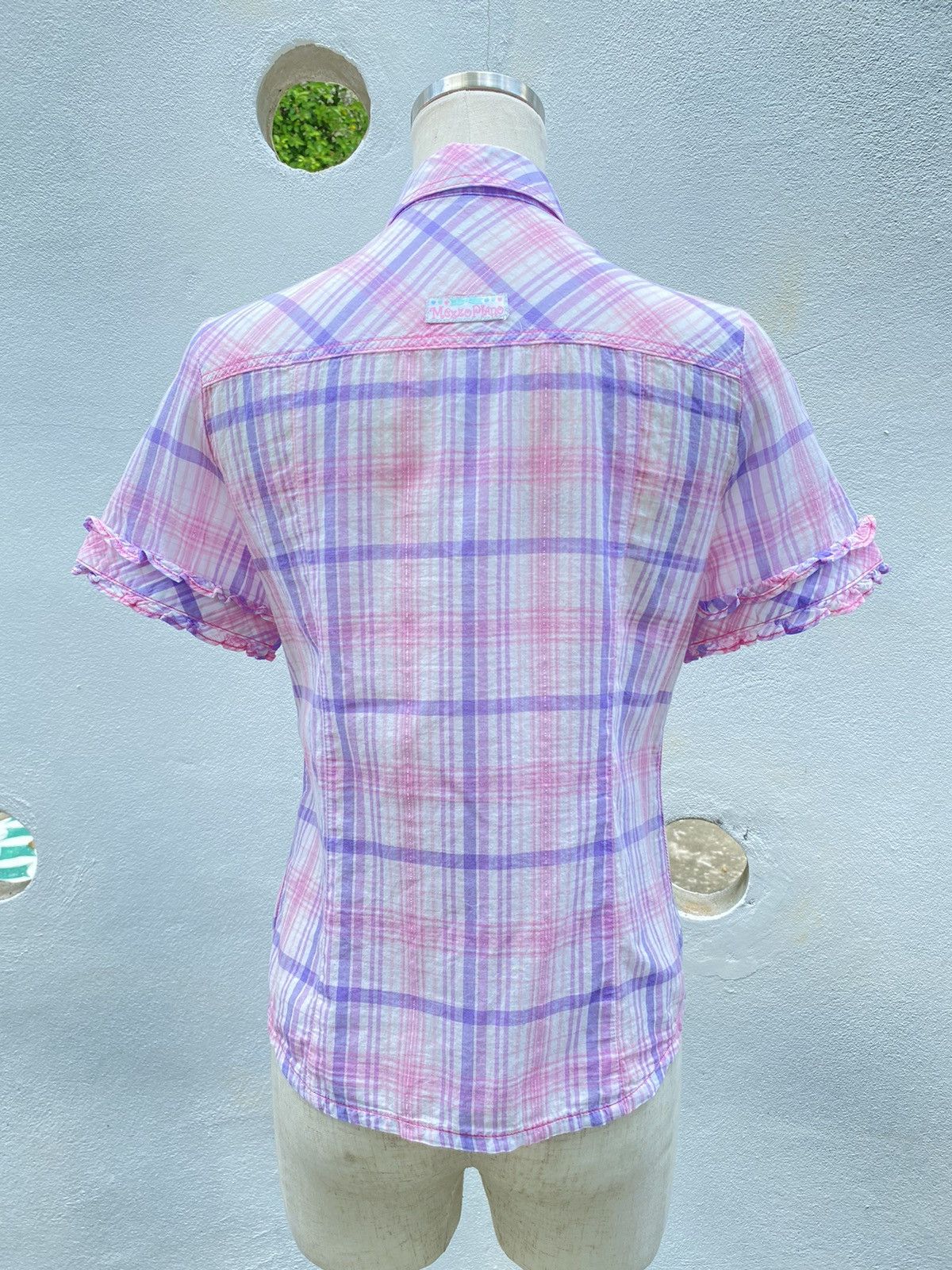 Designer × Japanese Brand Mezzo Piano Y2K Pink & Purple Plaid Ruffle Shirt Size ONE SIZE - 2 Thumbnail