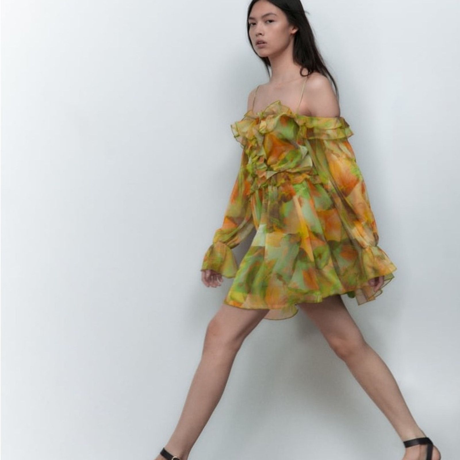 Zara ZARA BLOGGER FAVORITE PRINTED TULLE DRESS GREEN Size S / US 4 / IT 40 - 7 Thumbnail
