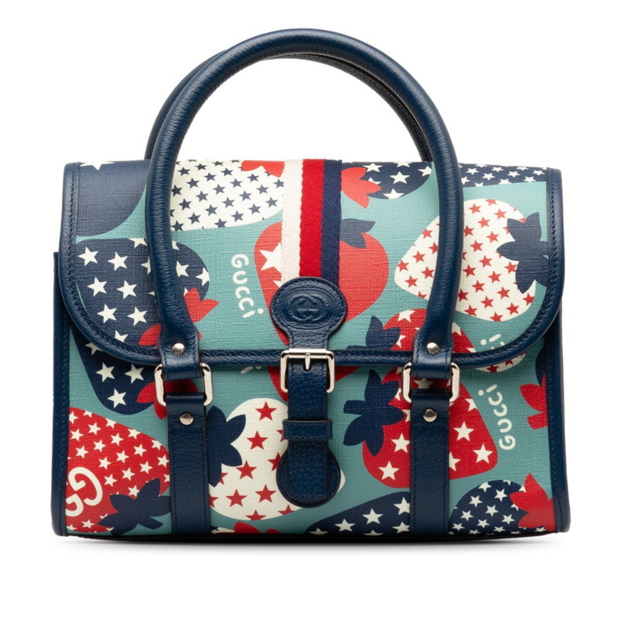 image of Gucci GG Strawberry Handbag 682720 Blue Multicolor Pvc Leather Women's Gucci
