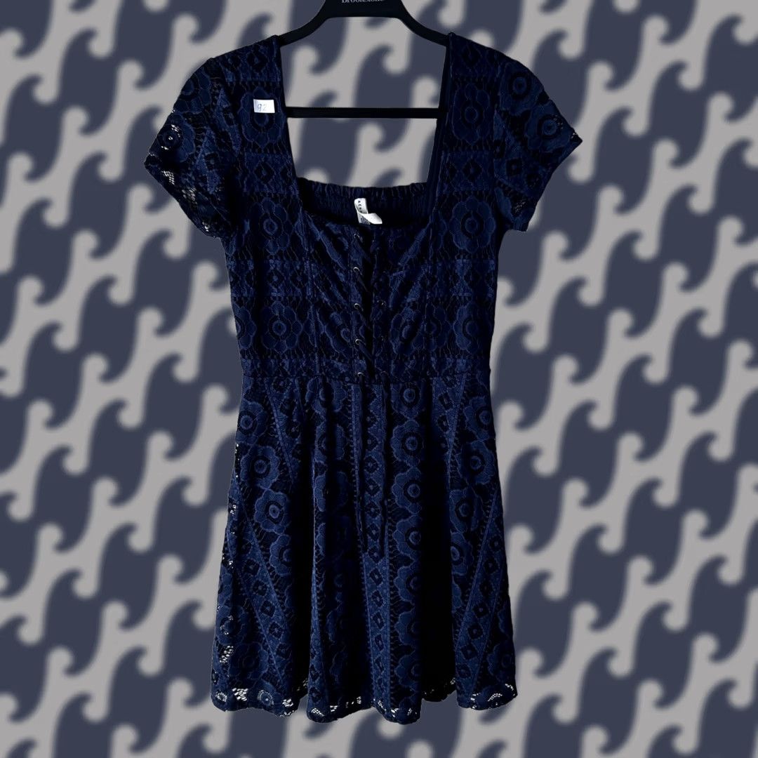 Aeropostale AeroPostale Navy Blue Floral Lace Mini Dress Smocked Back Lace-Up Square Neck Short Sleeve Womens M Neutral Size M / US 6-8 / IT 42-44 - 1 Thumbnail