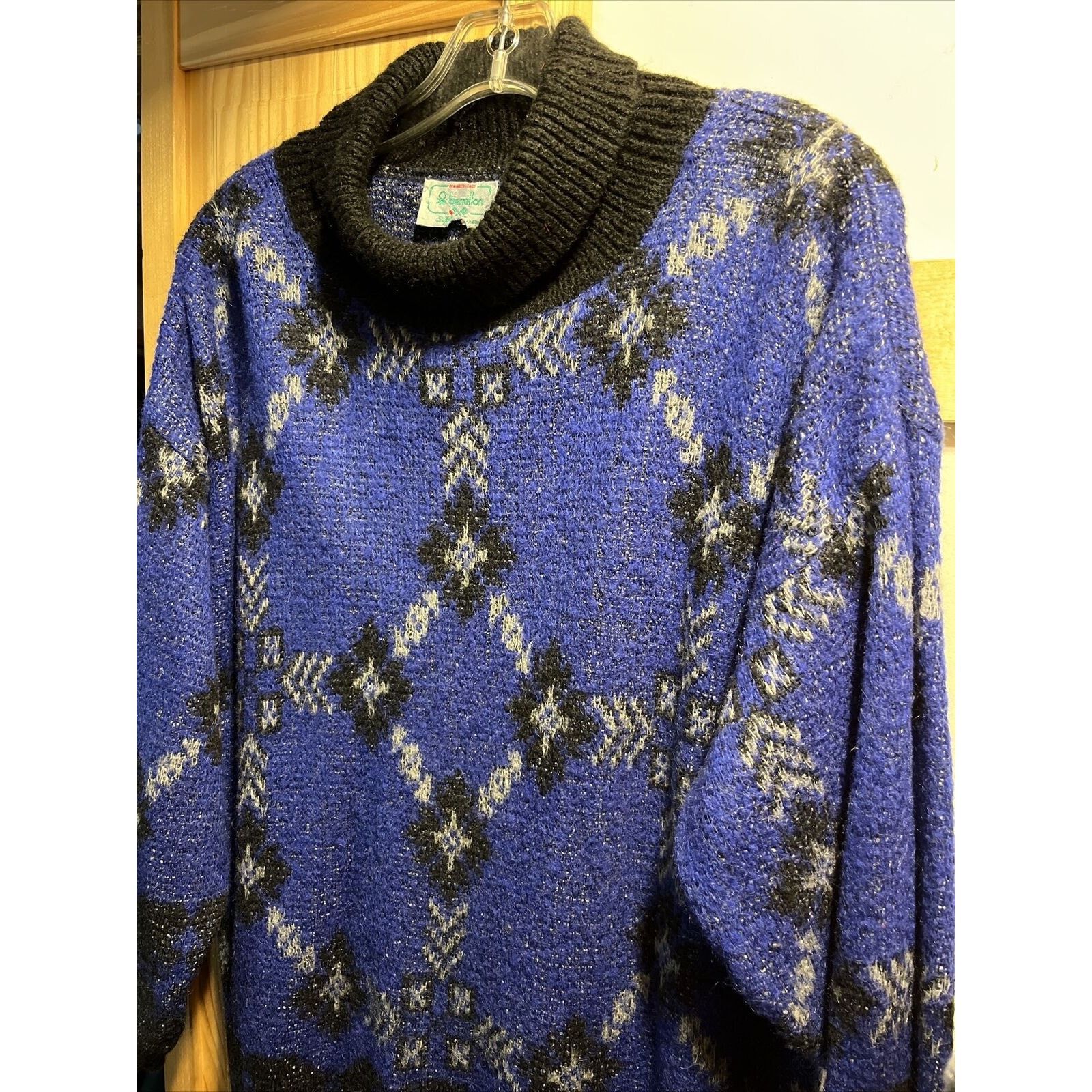 United Colors Of Benetton Benetton VTG L 46 Blue Argyle Acrylic Mohair Nylon Sweater Size L / US 10 / IT 46 - 9 Thumbnail