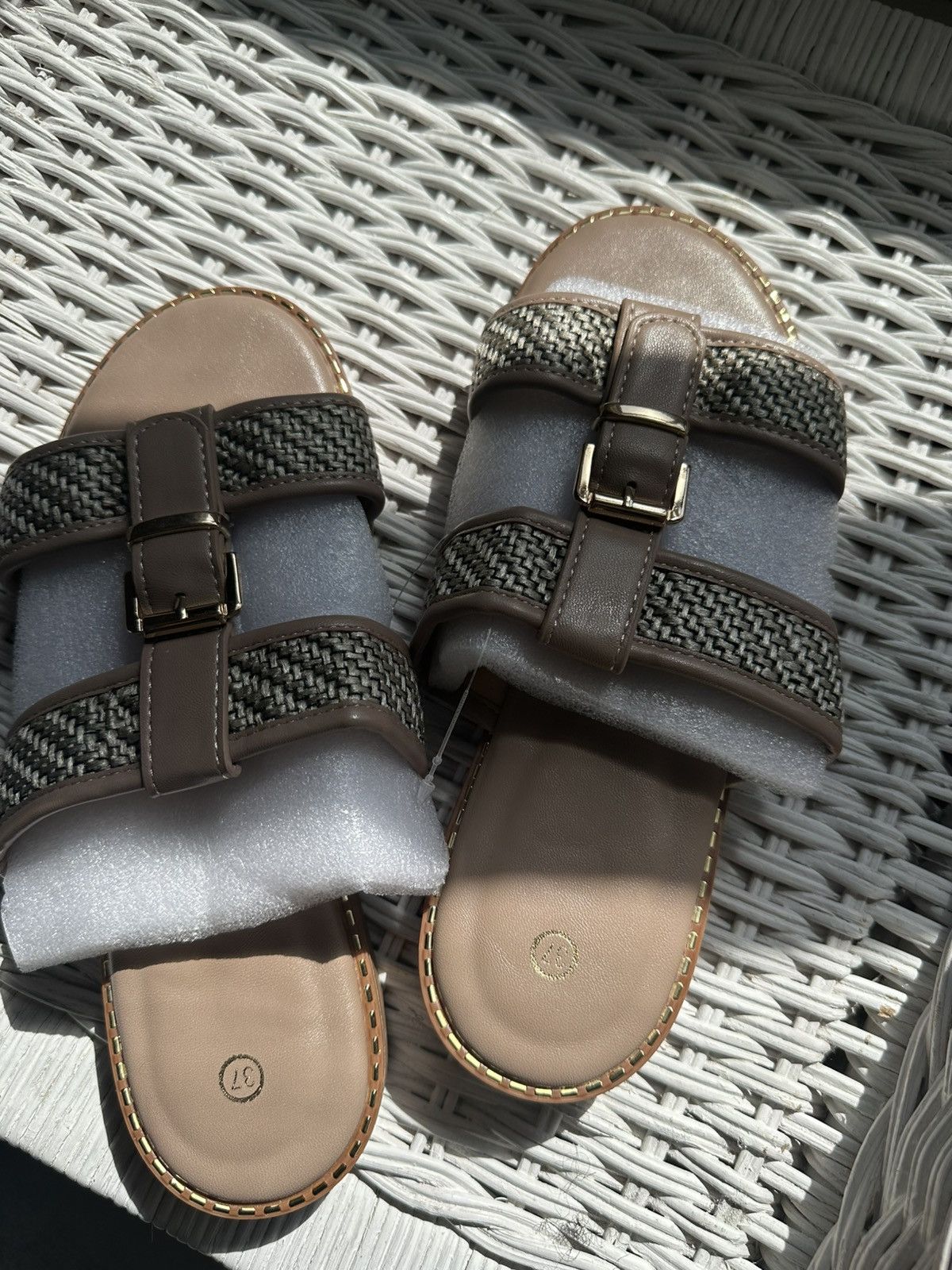 Other Women’s Beige slide sandal with woven straps and Gold Buckle Size US 7 / IT 37 - 3 Thumbnail