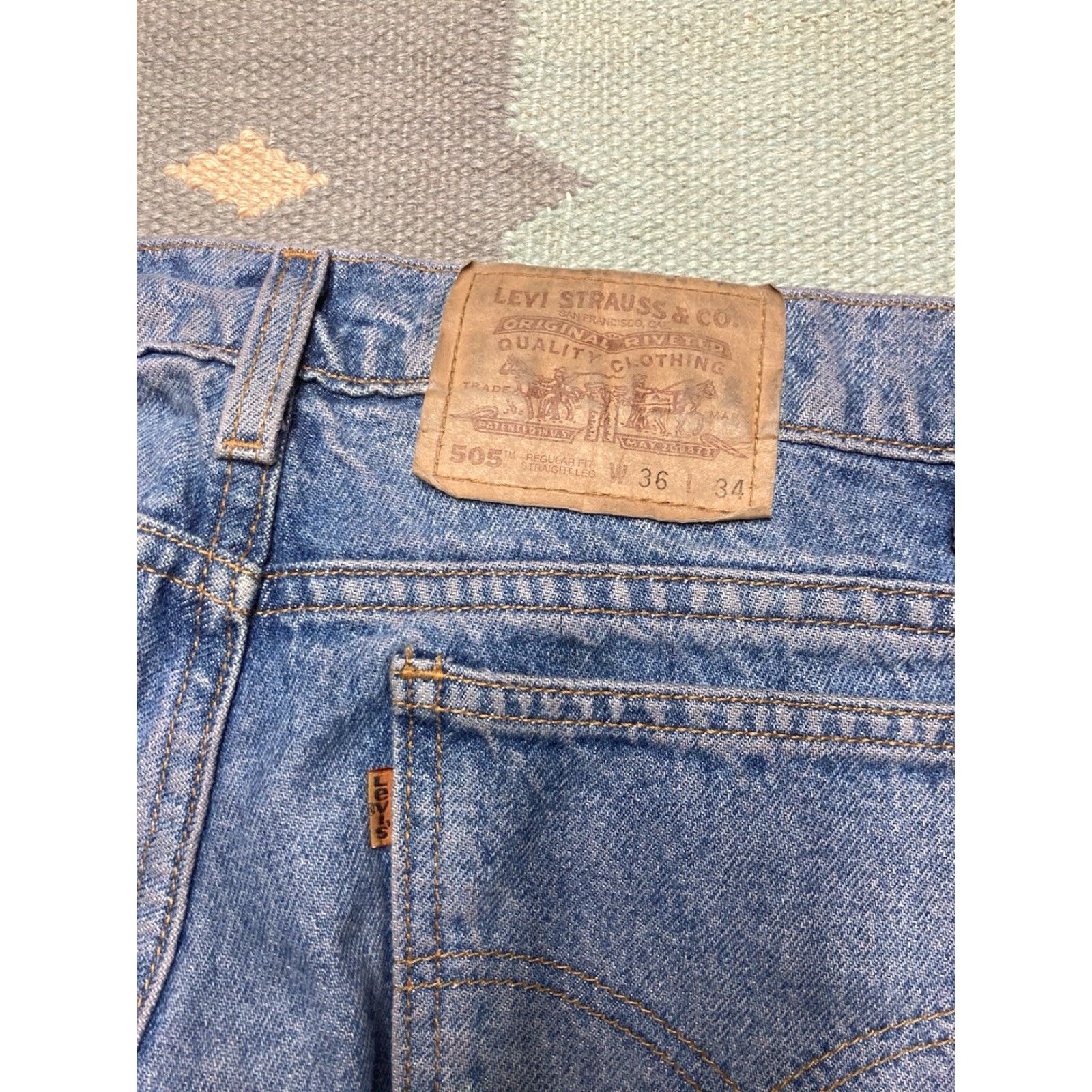 Levi's VINTAGE Levi’s 505 Jeans Straight Regular Fit Light Wash 35x33 Orange Tab Men Jeans Size US 35 - 5 Thumbnail