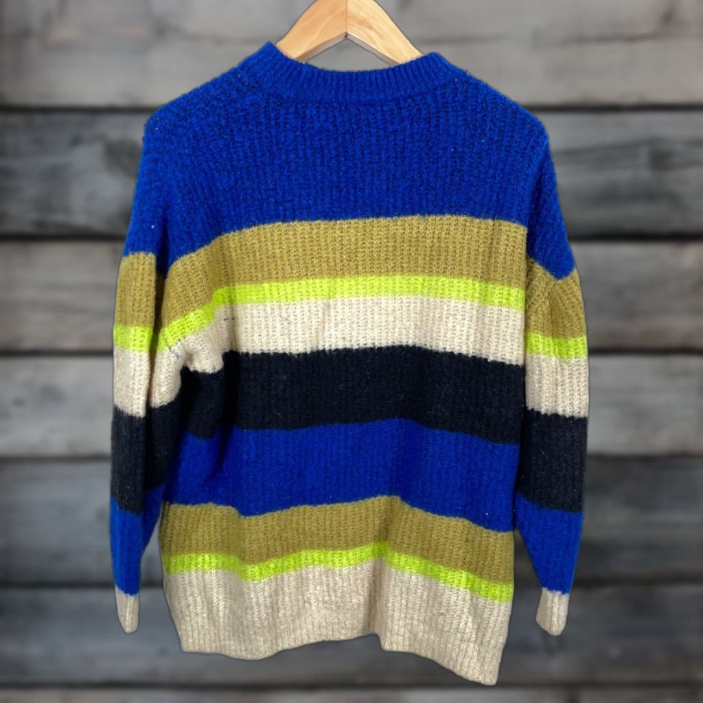 H&M Kangol x H&M Sweater Women's Medium Beige Blue Striped Oversized Chunky Knit Pullover Crew Neck Casual 90s Hipster Retro Womens Size M / US 6-8 / IT 42-44 - 1 Thumbnail
