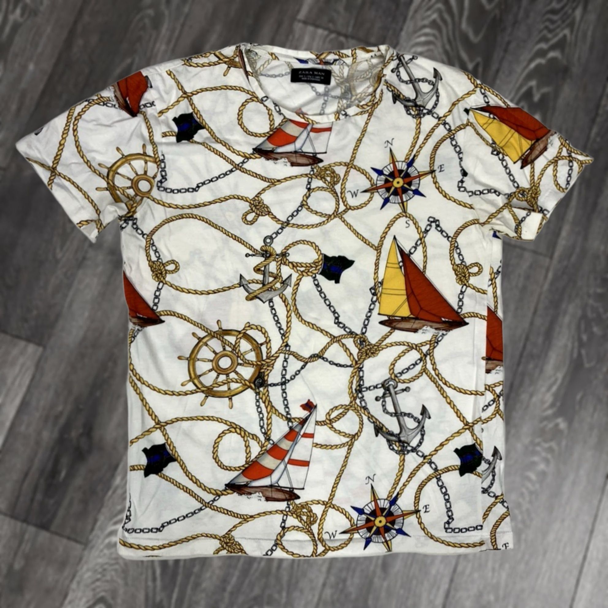 Zara Zara T-Shirt Men Small Short Sleeve Graphic Print Nautical All Over White Crew Neck Logo Size US S / EU 44-46 / 1 - 1 Thumbnail