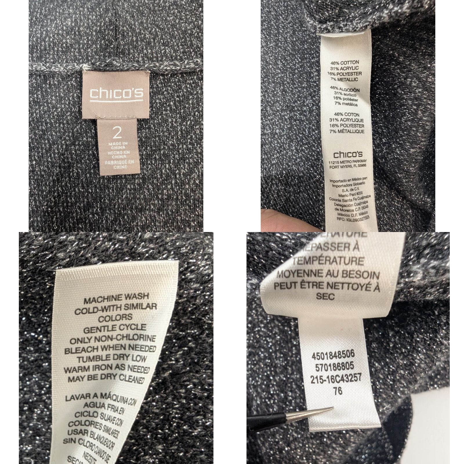 Vintage Chico's Cardigan Women Regular Open Front Knit 3/4 Sleeve Gray Cotton Acrylic Metallic Nylon Size XS / US 0-2 / IT 36-38 - 8 Thumbnail