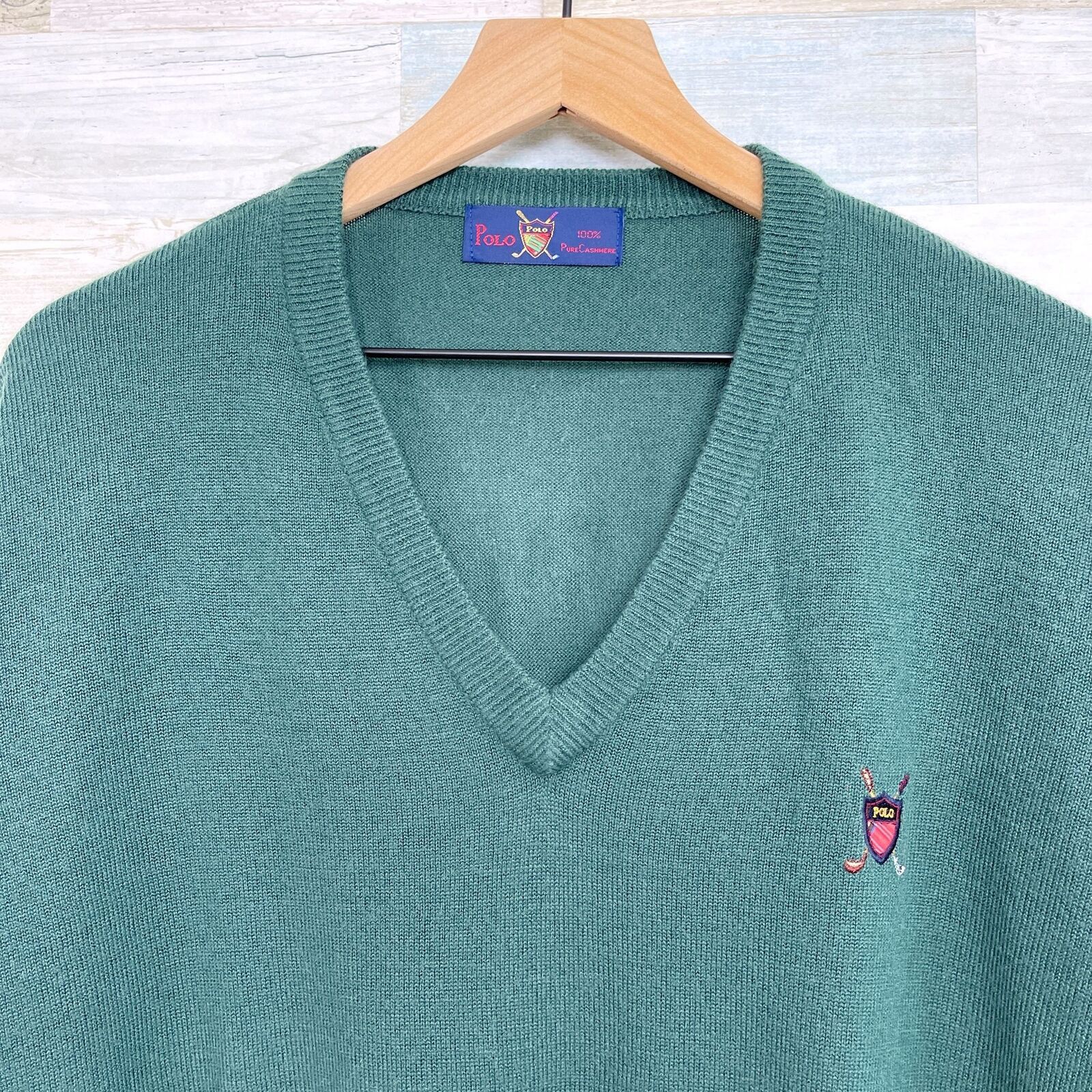 POLO Ralph Lauren Pure Cashmere Sweater 2024 Blue Golf Shield Logo Vintage Mens XL