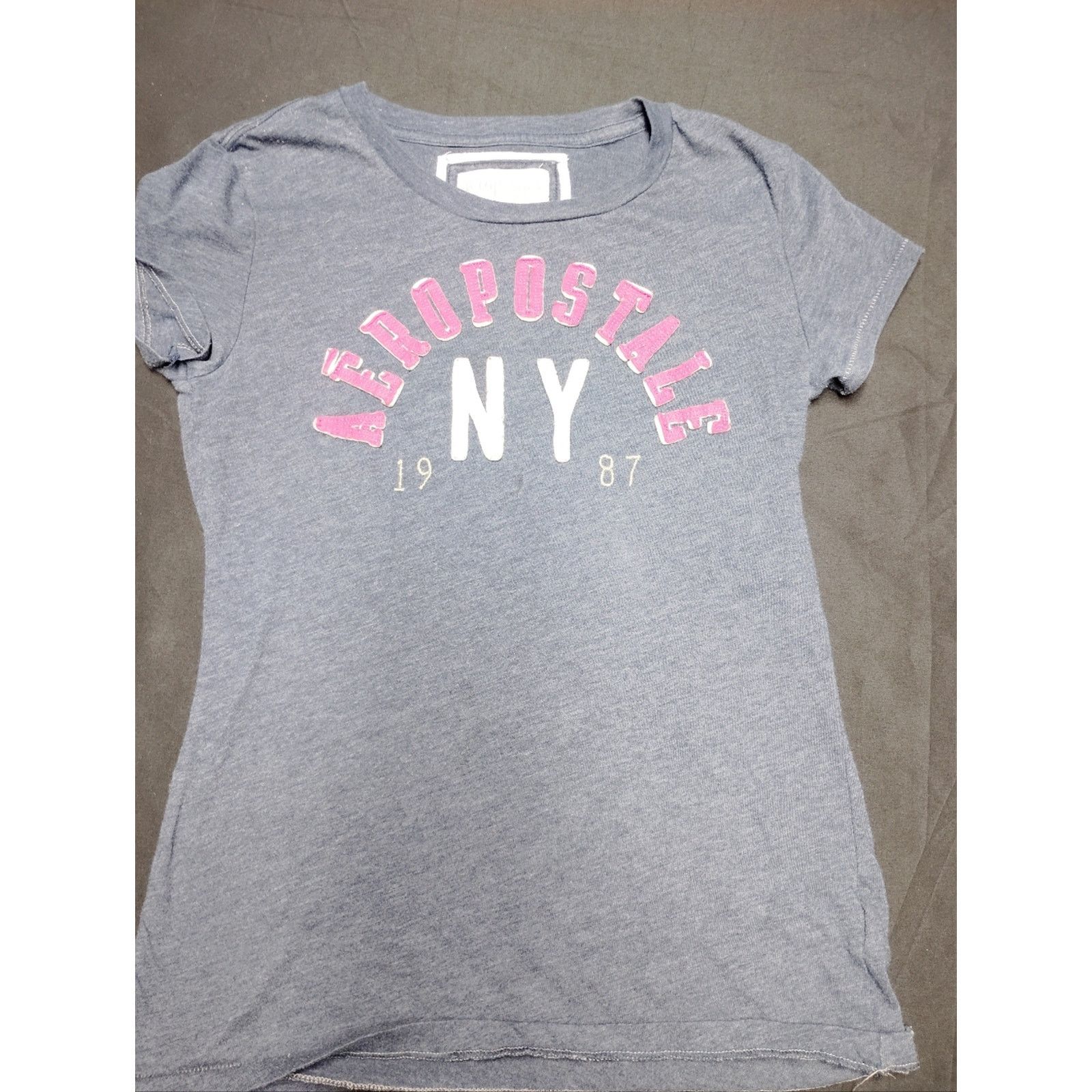 Aeropostale Aeropostale Heather Gray Blue Tee with Pink NY Graphic Size L / US 10 / IT 46 - 1 Thumbnail