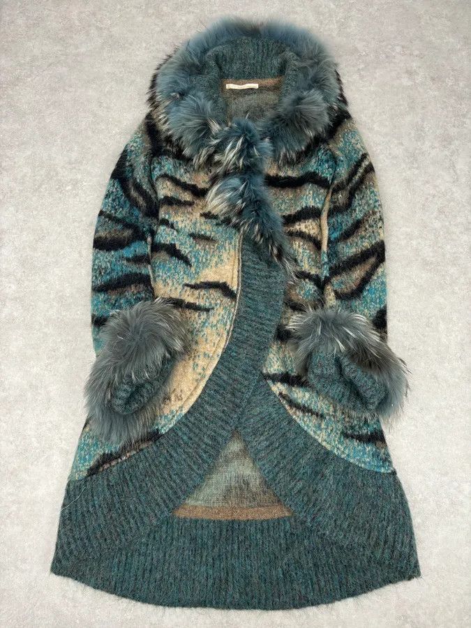 Roberto Cavalli 2000s Roberto Cavalli Turquoise Wool Abstract Savage Fur Coat Size M / US 6-8 / IT 42-44 - 1 Thumbnail