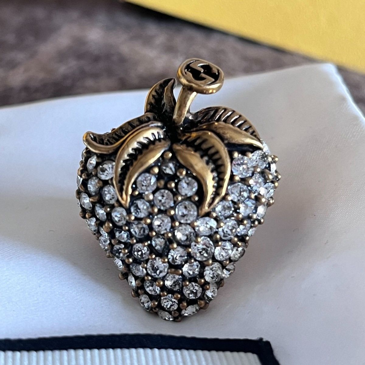 image of Gucci Crystal Strawberry Ring in Silver, Women's