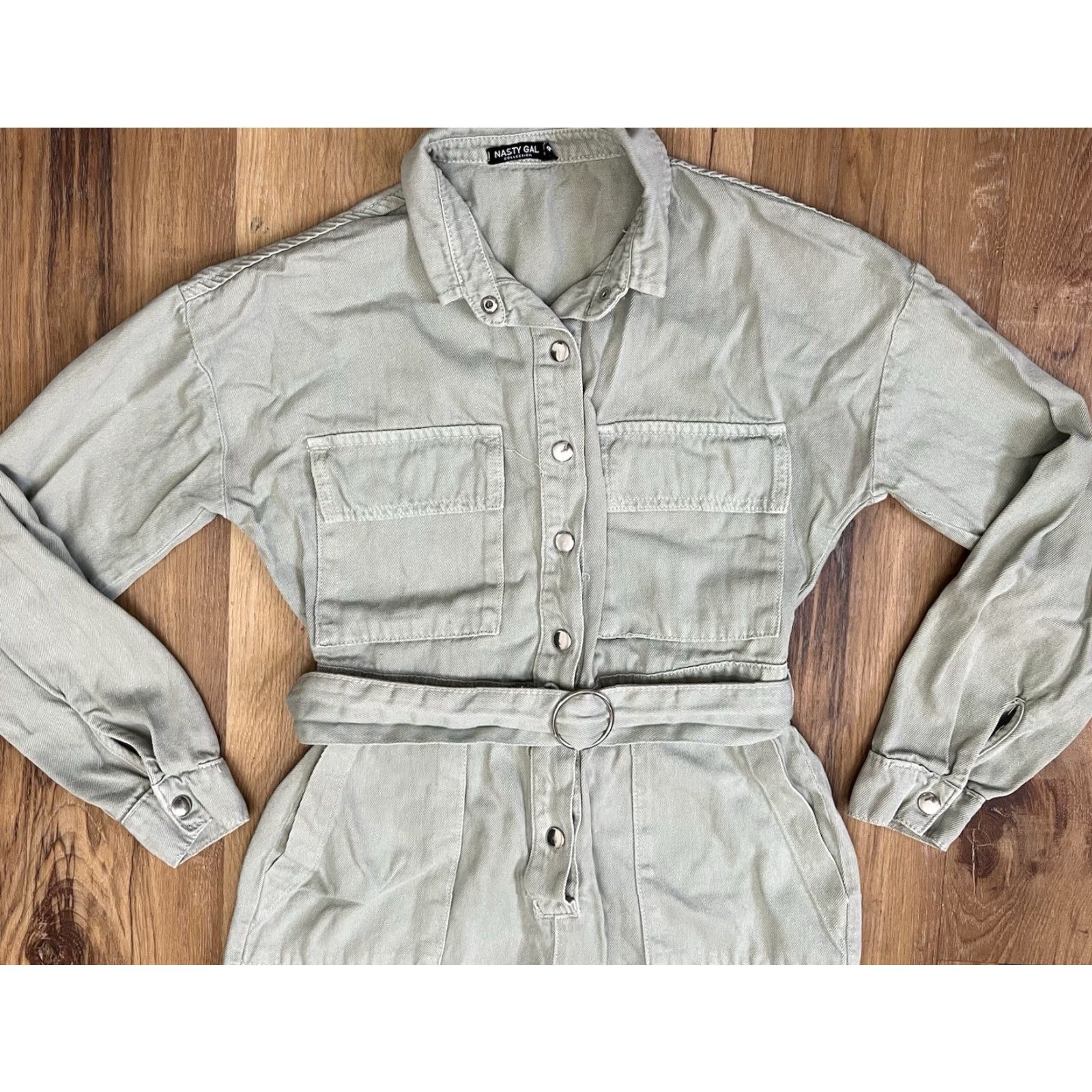 Nasty Gal Nasty Gal Jumpsuit Women 6 Green Denim One-Piece Casual 90s Boho Button Up Belt Plain Solid Crew Neck Collared Long Sleeve Spring Summer Fall Winter Size 28" / US 6 / IT 42 - 3 Thumbnail