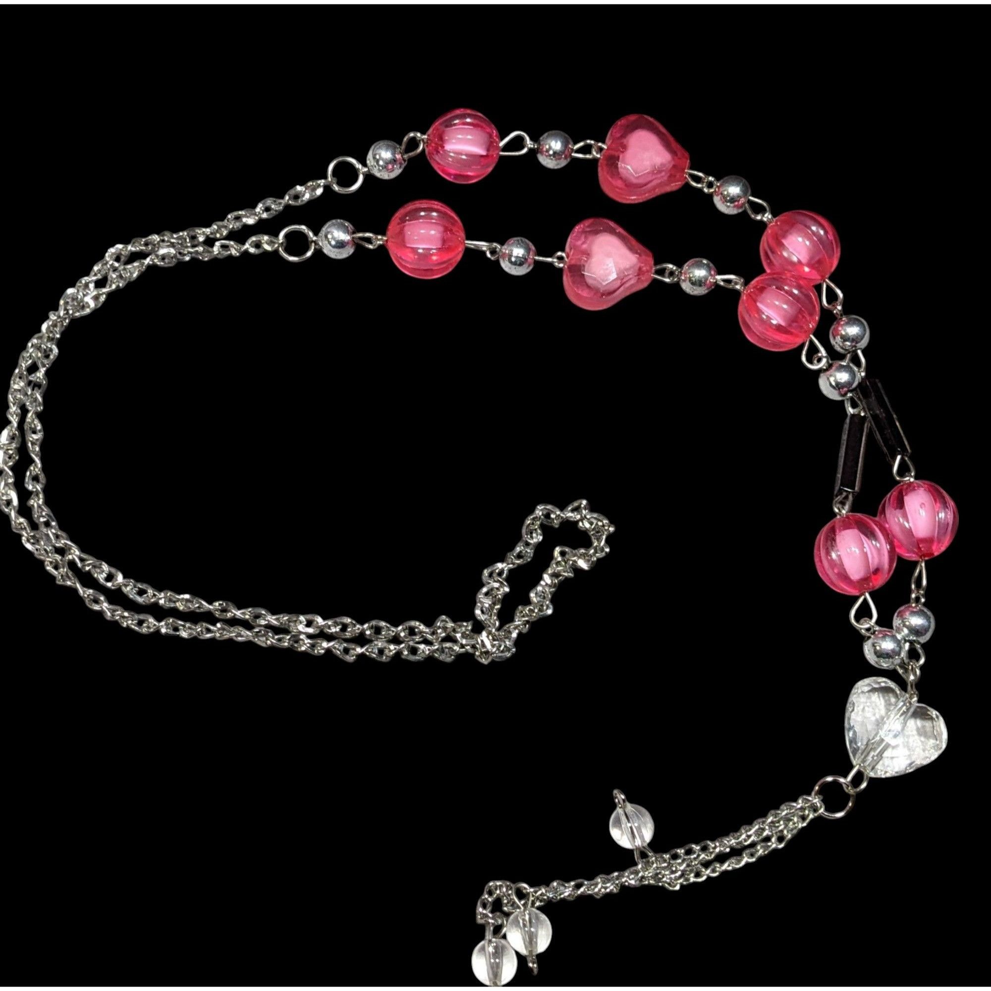 Other Coquette Heart Pink And Silver Tone Station Necklace With Ta Size ONE SIZE - 1 Thumbnail