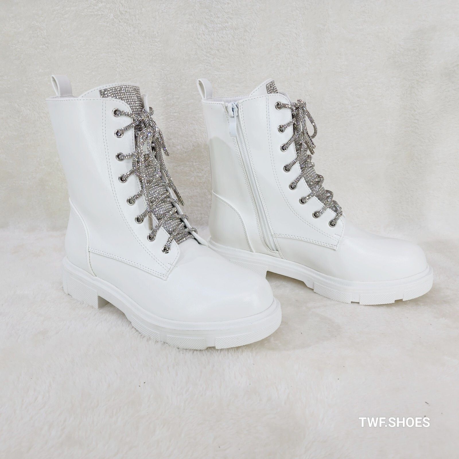 Other Rylee White Combat Ankle Boots Iridescent Rhinestone Tongue Size US 8.5 / IT 38.5 - 1 Thumbnail