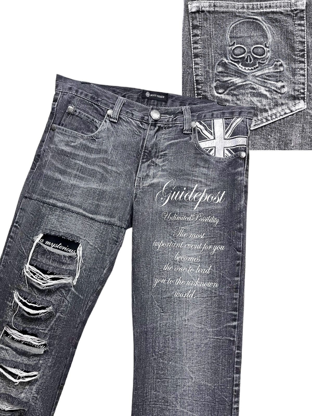 Roots ROOTTHREE Embossed SKULL BONES Grunge Ripped Punk Union Jack Size 31" - 1 Thumbnail