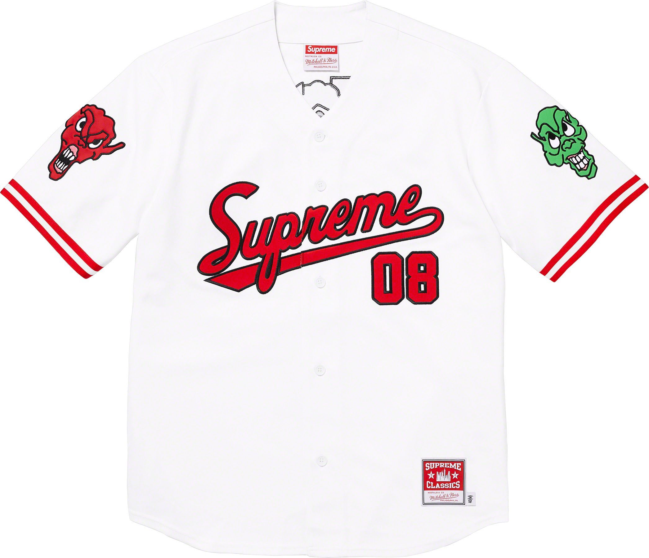 image of Mitchell Ness x Supreme Mitchell & Ness Downtown Hell Baseball Jersey in White, Men's (Size Large)