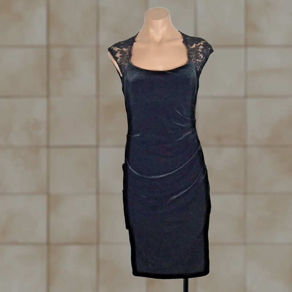 Vintage VINTAGE Cache Velvet Lace Dress Ruched Bodycon Keyhole Back Cap USA MADE 90s y2k 4 Vtg Size S / US 4 / IT 40 - 1 Thumbnail