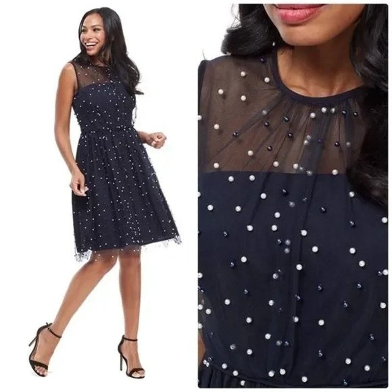 MAGGY LONDON MAGGY LONDON Navy Mesh Pearl Embellished A-line Dress Sz 8 Size M / US 6-8 / IT 42-44 - 1 Thumbnail