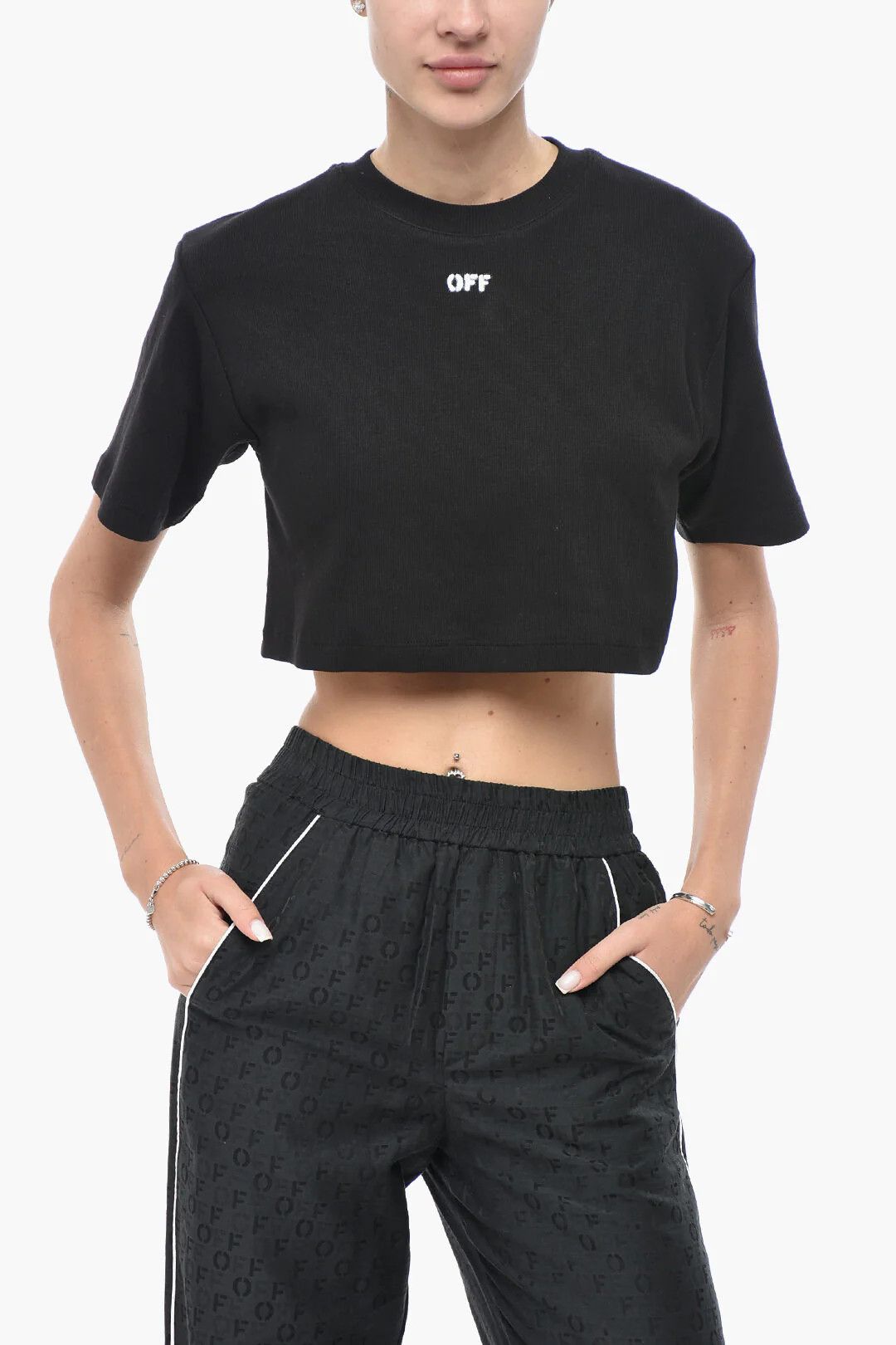 Off-White og1mm0426 Ribbed Cotton-Blend Crop T-Shirt in Black Size XXS / US 00 / IT 34 - 1 Thumbnail