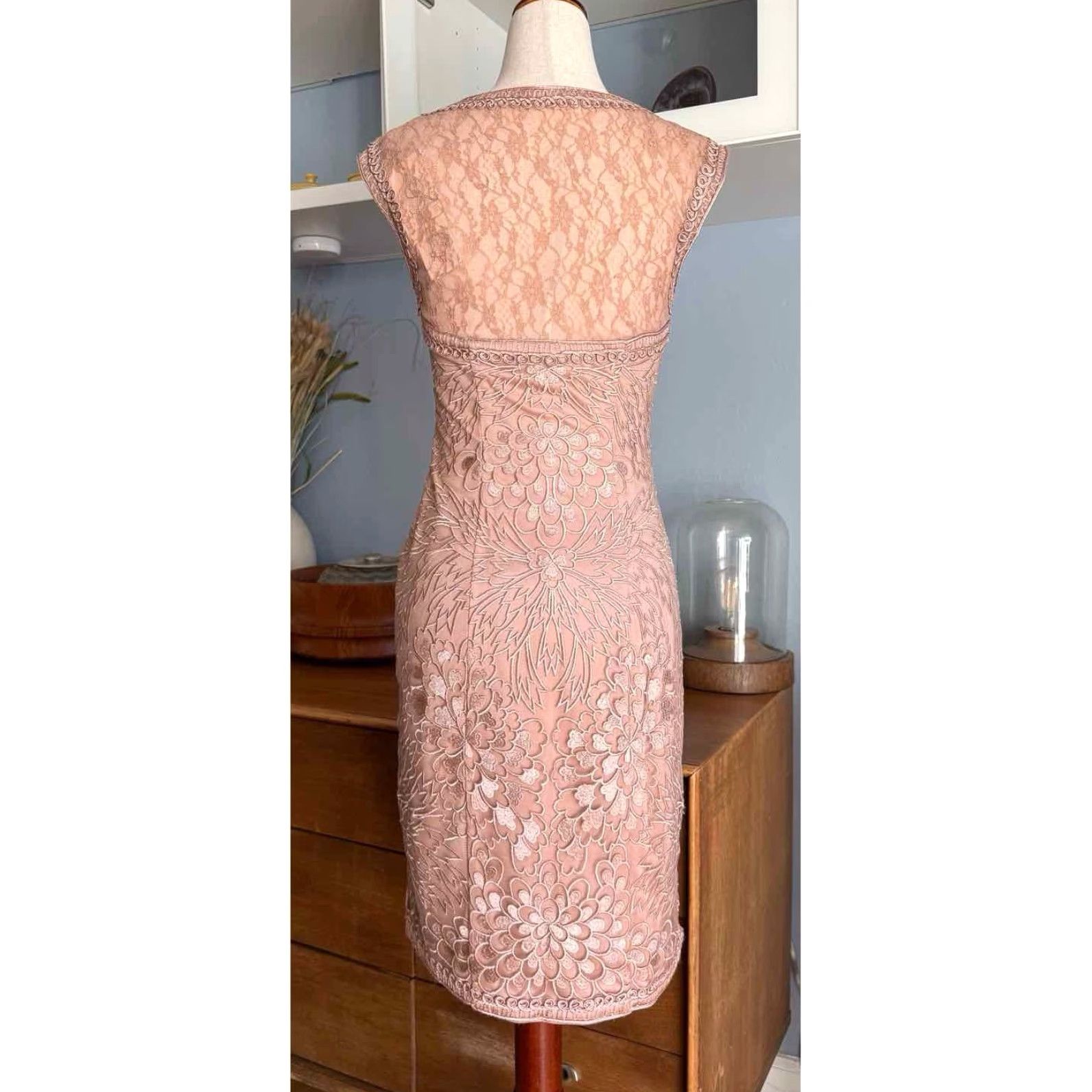 Vintage Sue Wong Sheath Dress Sandalwood Cocktail Party Sz 2 Pink Nylon Lace Knee Length Sandalwood Women Size XS / US 0-2 / IT 36-38 - 4 Thumbnail