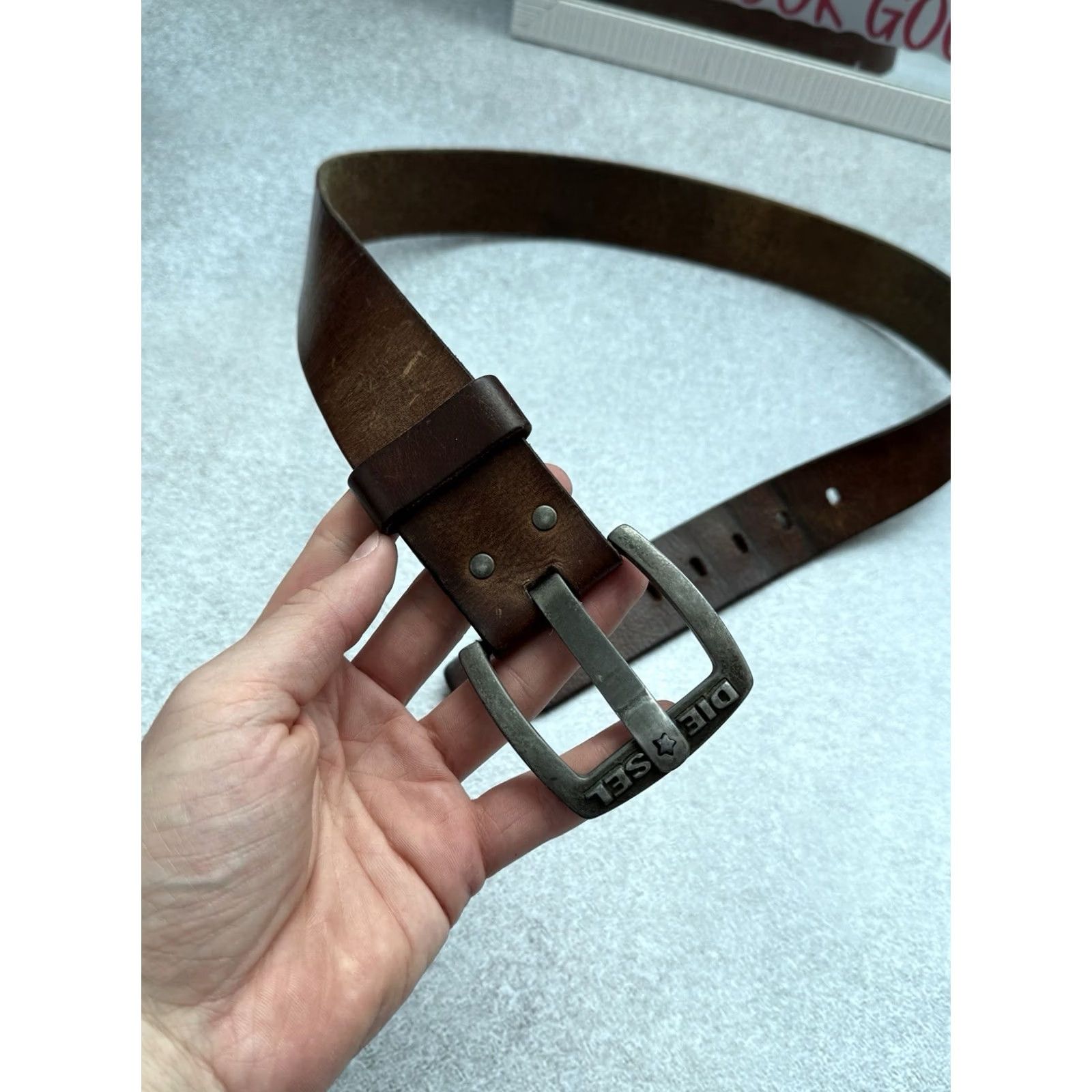 Diesel VINTAGE Diesel Leather Belt Brown 102 cm Length Metal Buckle Logo Studded Western Belt Men Size ONE SIZE - 4 Thumbnail