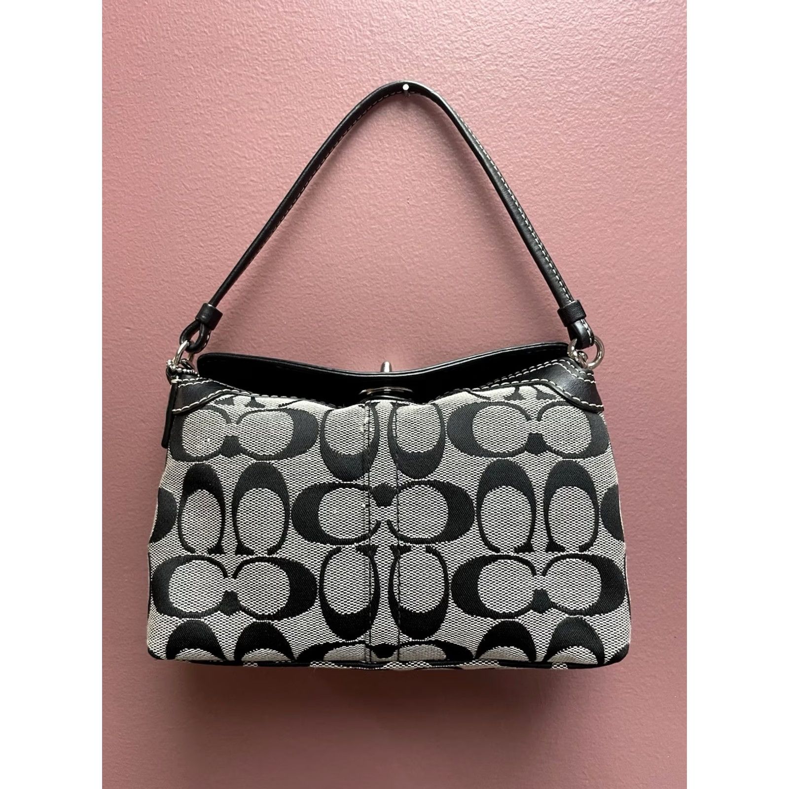 Coach VINTAGE Coach Shoulder Bag Gray Black Signature C Jacquard Turnlock Mini Hobo Bag Womens Size ONE SIZE - 2 Thumbnail