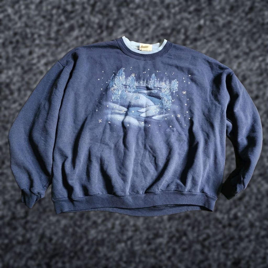 Vintage VINTAGE Morning Sun Sweatshirt Woman L Blue 90s Christmas Snow Forest Graphic Print Crew Neck Pullover Winter Size L / US 10 / IT 46 - 1 Thumbnail