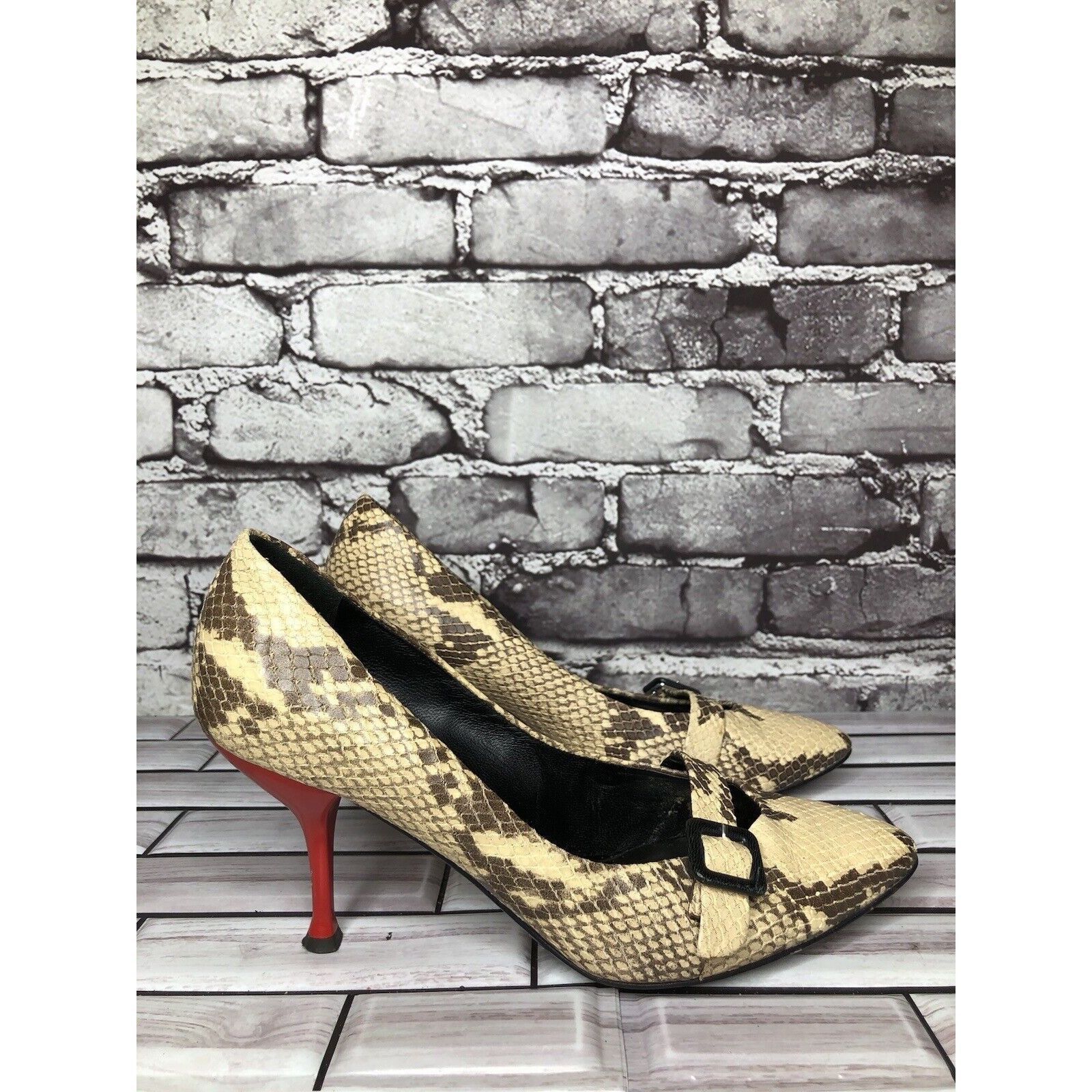 Giuseppe Zanotti Giuseppe Zanotti Cream Leather Black SnakeSkin Pointed Strap Size US 6.5 / IT 36.5 - 18 Thumbnail