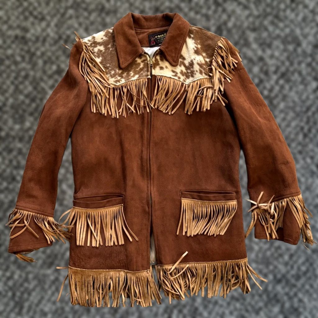 Vintage VINTAGE 1940s K-Bar-Z Brown Suede Cowhide Leather Fringe Jacket Women’s Sz M Shirt Womens Brown Cowhide Fringe Jacket 1940s K-Bar-Z Size M / US 6-8 / IT 42-44 - 1 Thumbnail